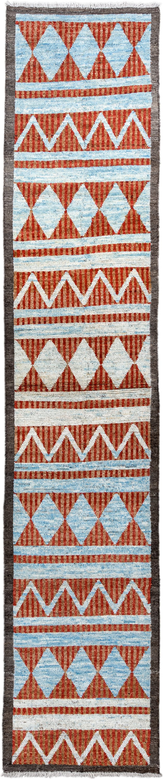 3' x 16' one-of-a-kind handmade vintage Tulu runner rug. Color palette: rust, ivory, sky blue, charcoal, terracotta, brown