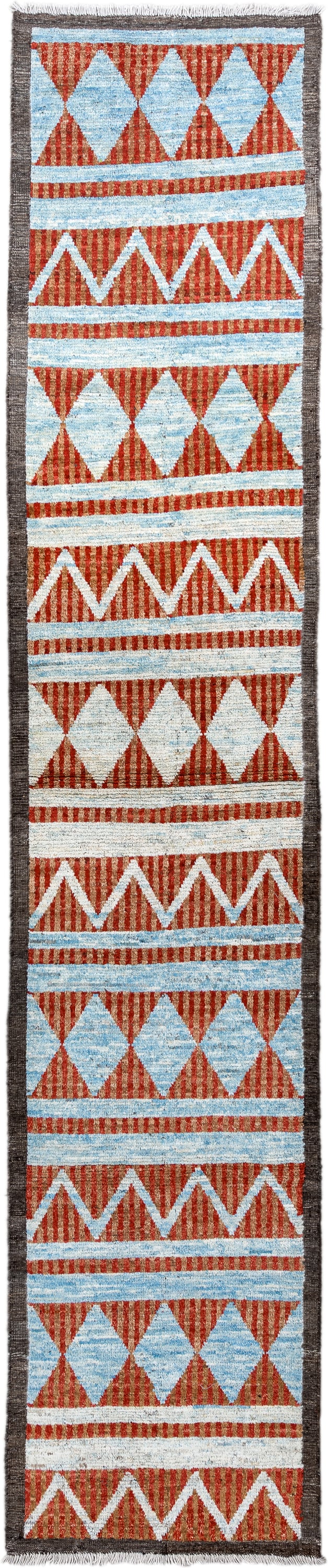 3' x 16' one-of-a-kind handmade vintage Tulu runner rug. Color palette: rust, ivory, sky blue, charcoal, terracotta, brown