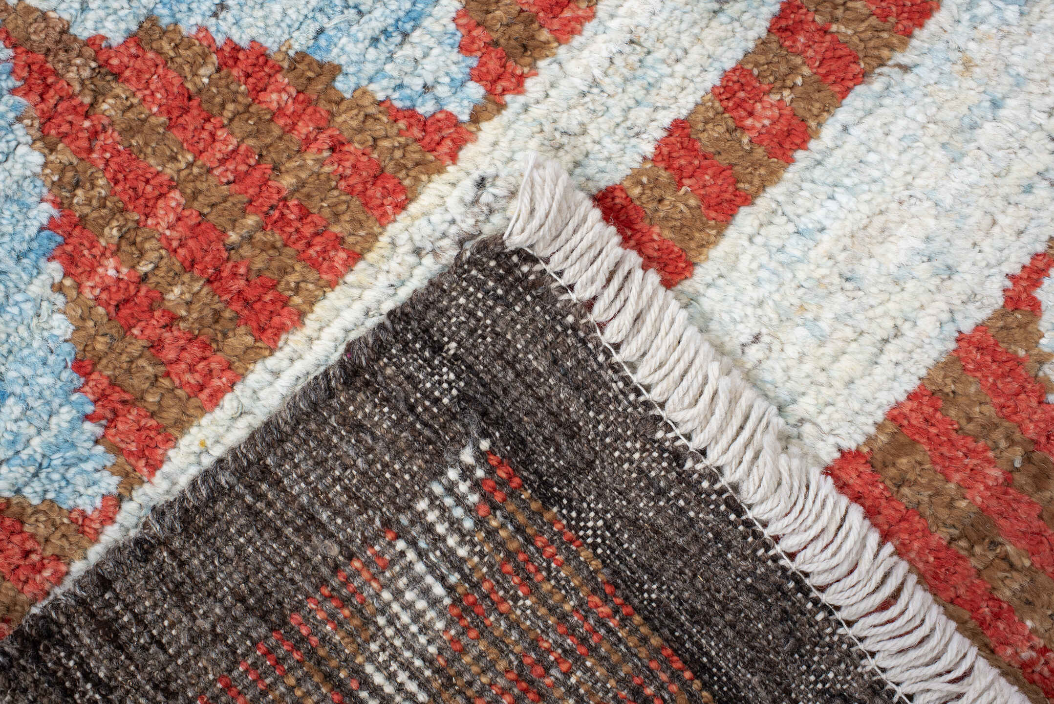 3' x 16' one-of-a-kind handmade vintage Tulu runner rug. Color palette: rust, ivory, sky blue, charcoal, terracotta, brown