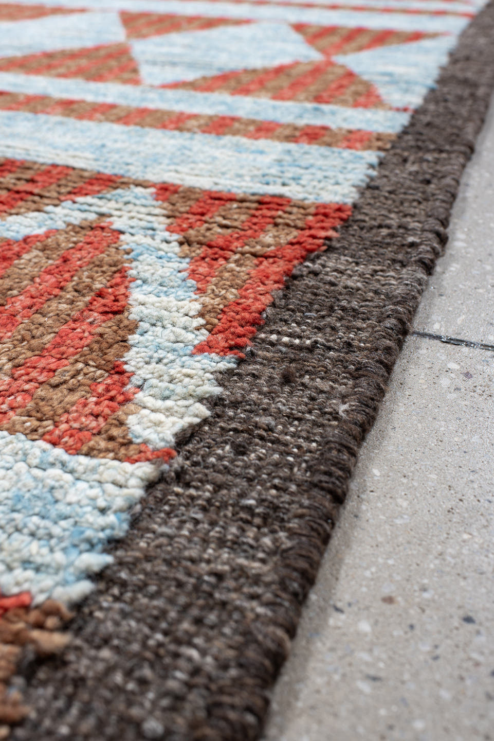 3' x 16' one-of-a-kind handmade vintage Tulu runner rug. Color palette: rust, ivory, sky blue, charcoal, terracotta, brown