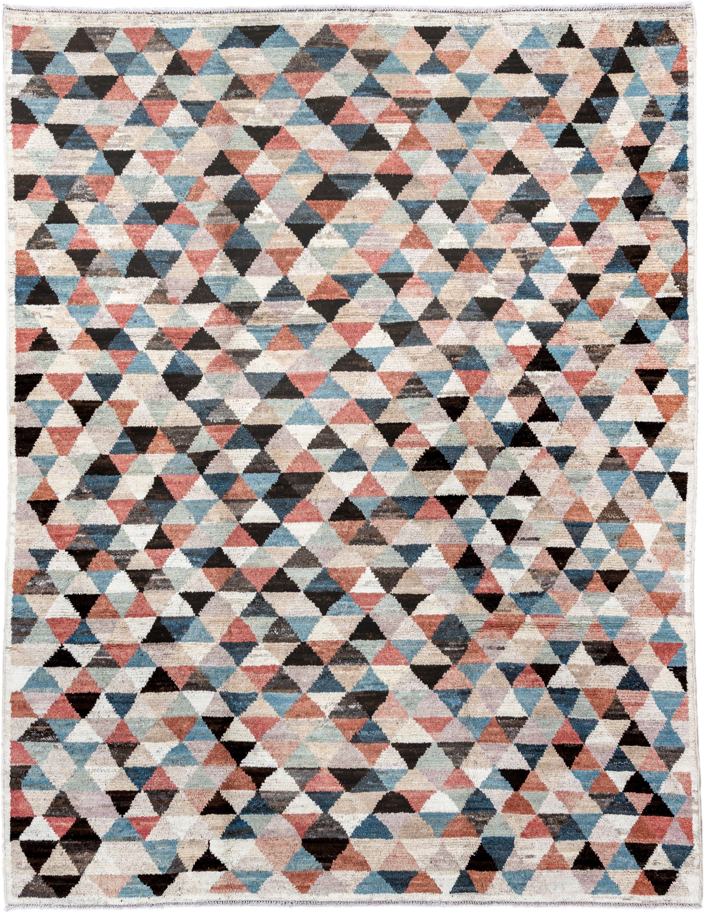 8' x 10' one-of-a-kind handmade vintage Tulu large size rug. Color palette: ivory, sky_blue, charcoal, coral, taupe, slate
