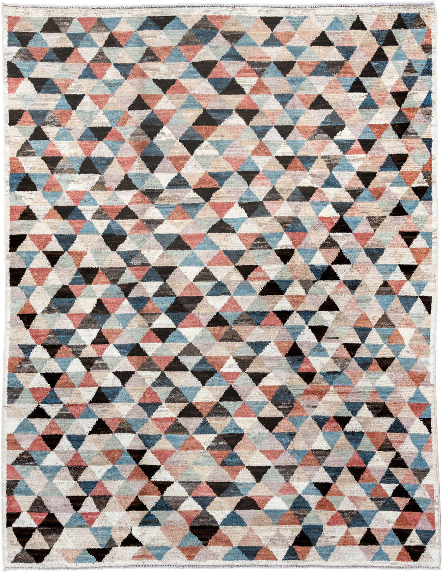 8' x 10' one-of-a-kind handmade vintage Tulu large size rug. Color palette: ivory, sky_blue, charcoal, coral, taupe, slate