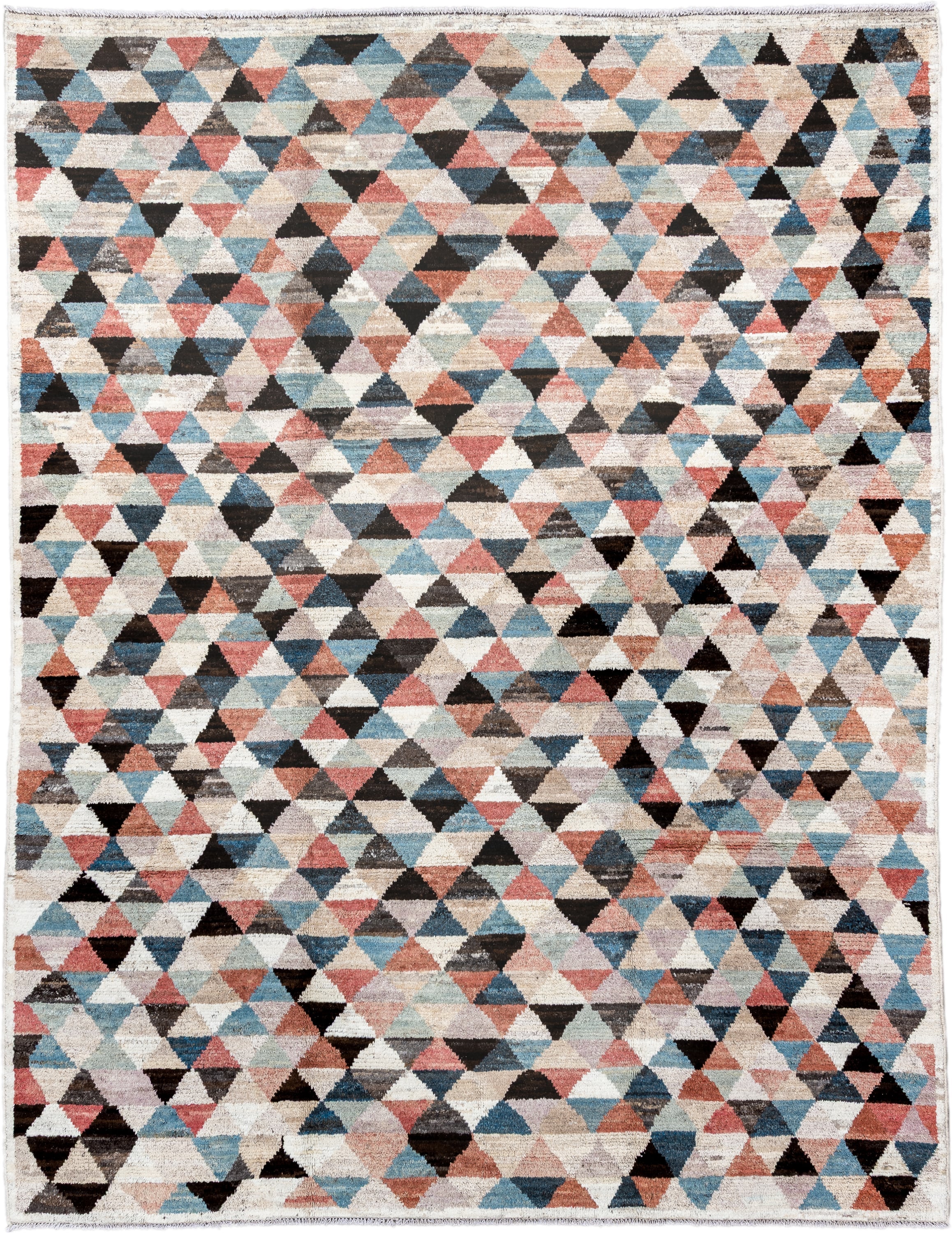 8' x 10' one-of-a-kind handmade vintage Tulu large size rug. Color palette: ivory, sky_blue, charcoal, coral, taupe, slate