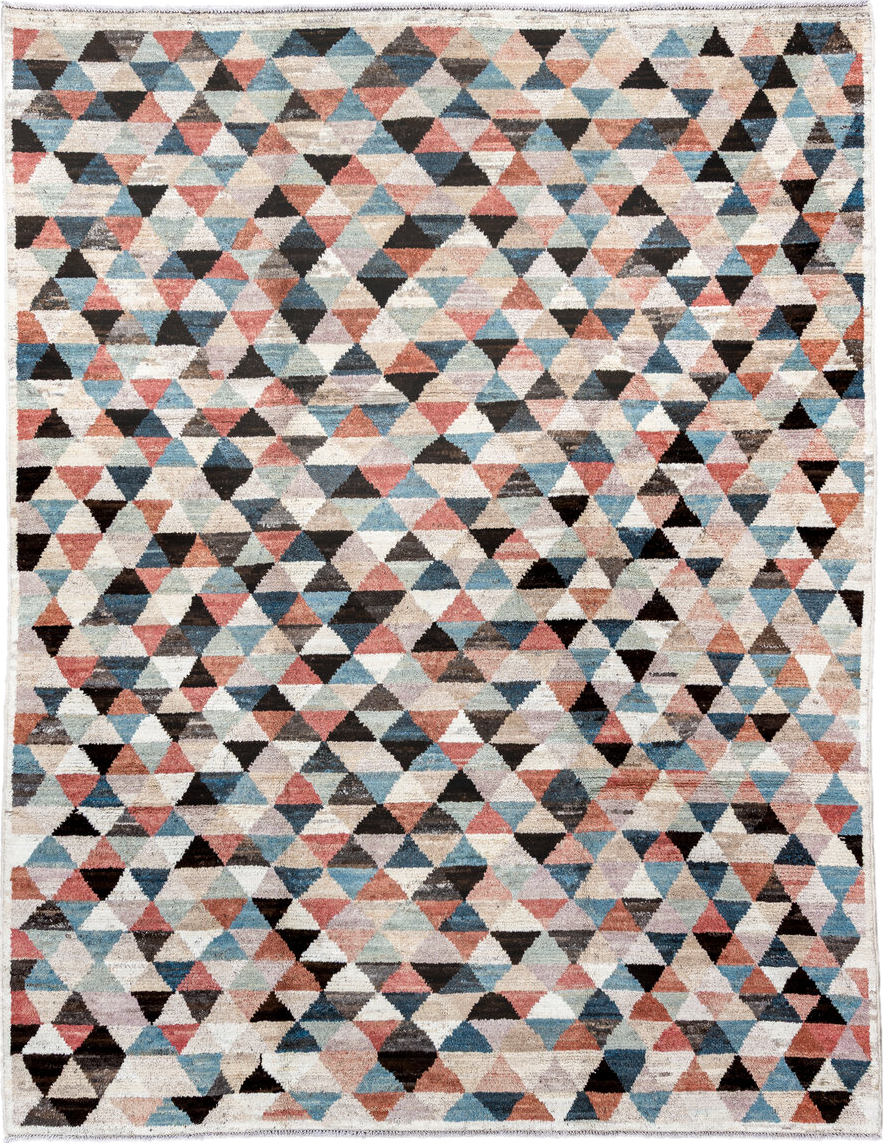 8' x 10' one-of-a-kind handmade vintage Tulu large size rug. Color palette: ivory, sky_blue, charcoal, coral, taupe, slate