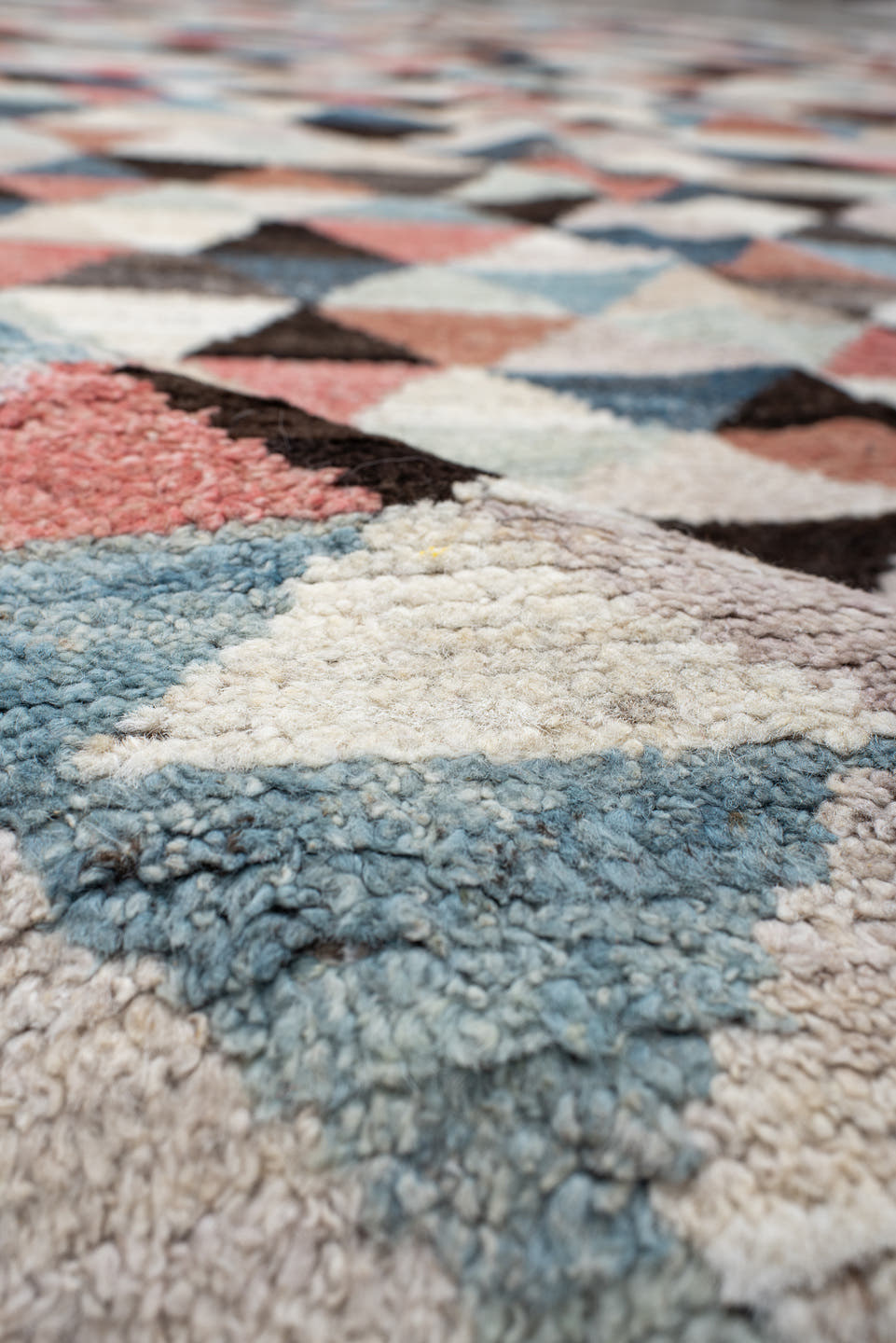 8' x 10' one-of-a-kind handmade vintage Tulu large size rug. Color palette: ivory, sky_blue, charcoal, coral, taupe, slate