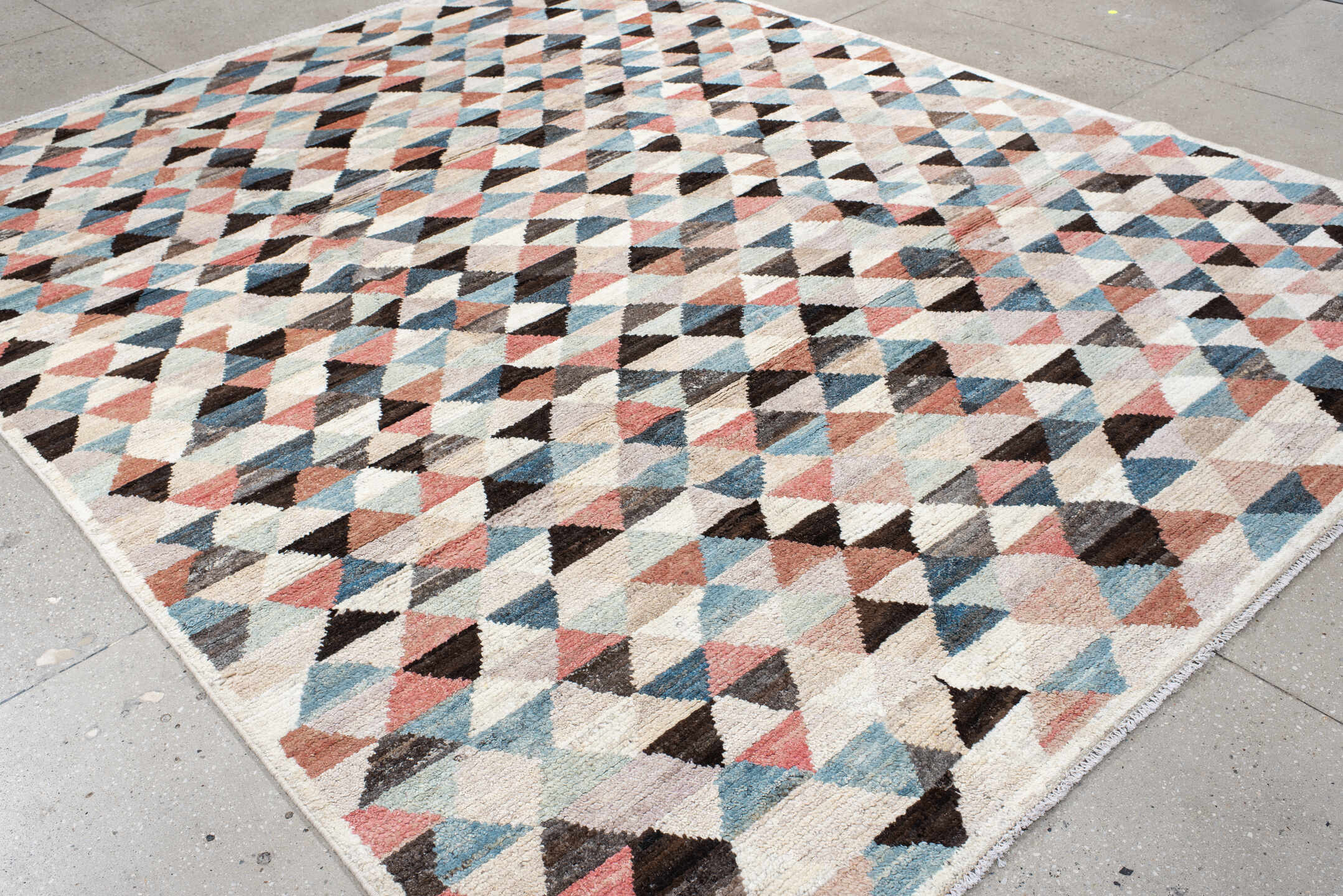 8' x 10' one-of-a-kind handmade vintage Tulu large size rug. Color palette: ivory, sky_blue, charcoal, coral, taupe, slate