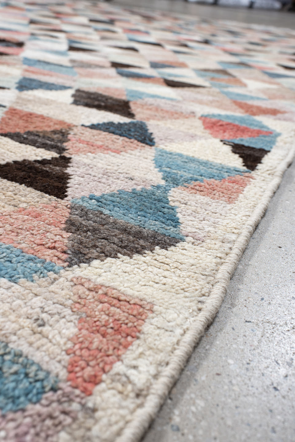 8' x 10' one-of-a-kind handmade vintage Tulu large size rug. Color palette: ivory, sky_blue, charcoal, coral, taupe, slate
