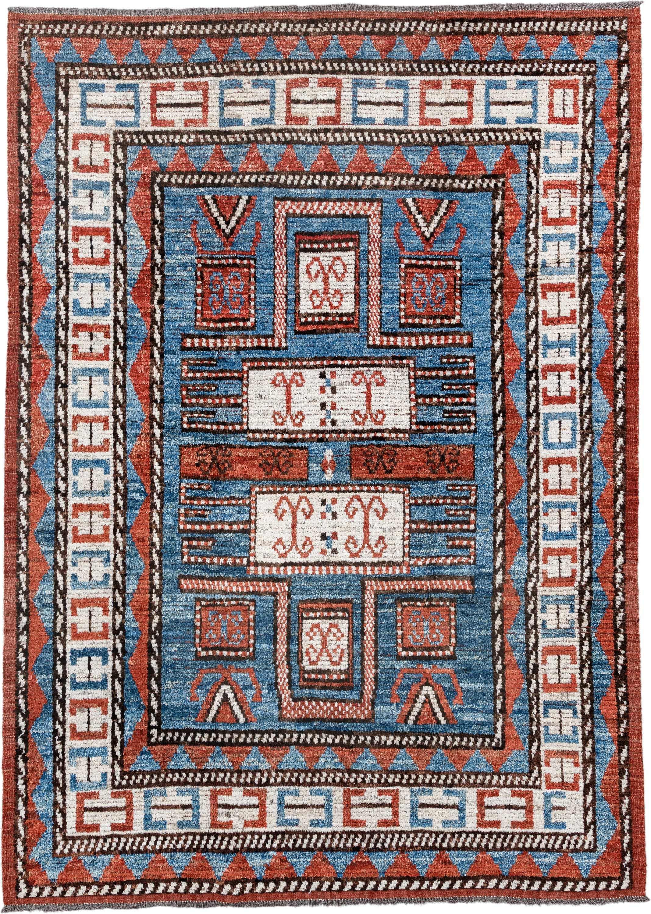 7' x 9' one-of-a-kind handmade vintage Tulu large size rug. Color palette: sky blue, rust, ivory, dark brown, brick, black