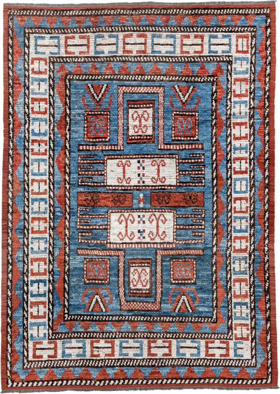 7' x 9' one-of-a-kind handmade vintage Tulu large size rug. Color palette: sky blue, rust, ivory, dark brown, brick, black