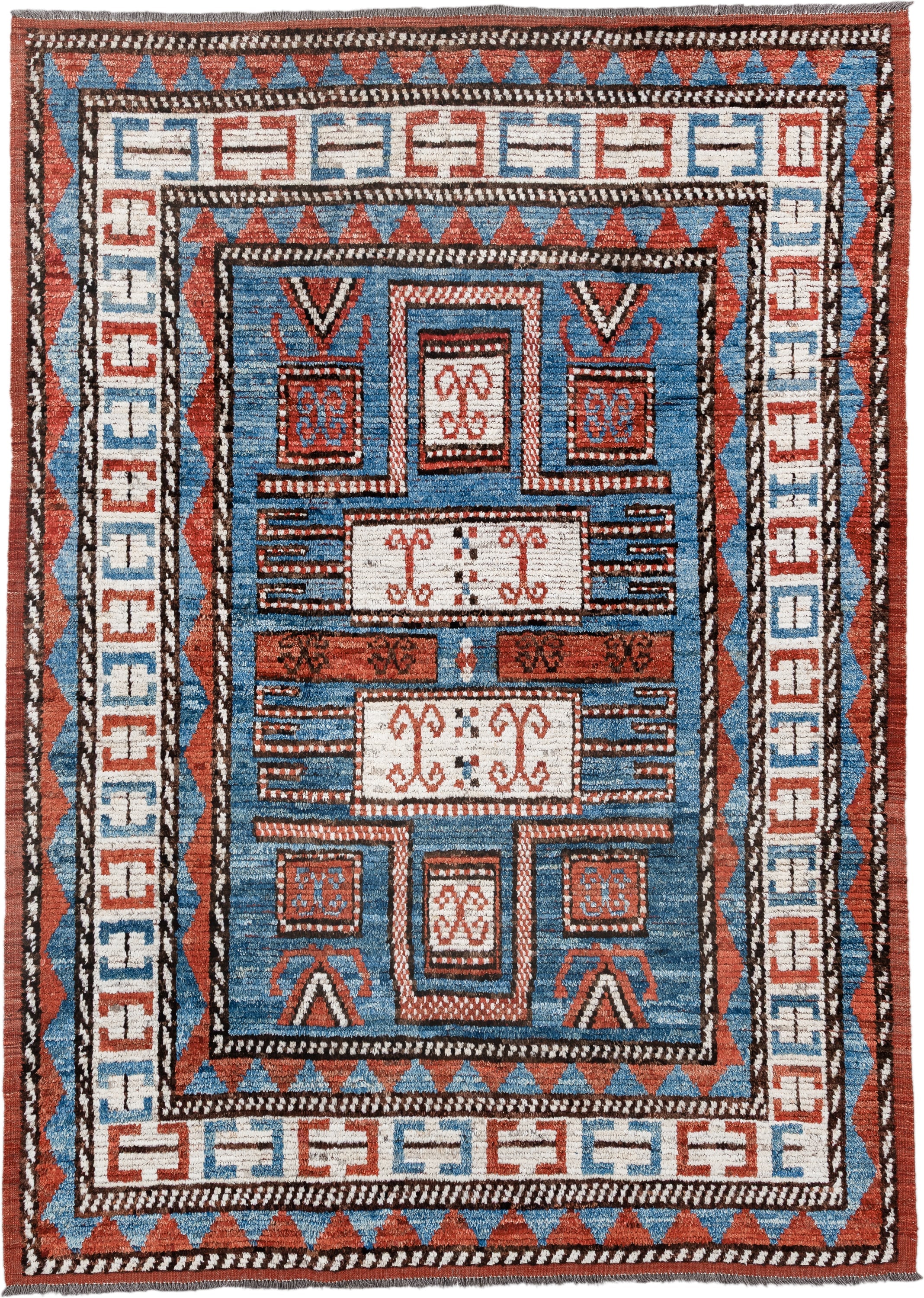 7' x 9' one-of-a-kind handmade vintage Tulu large size rug. Color palette: sky blue, rust, ivory, dark brown, brick, black