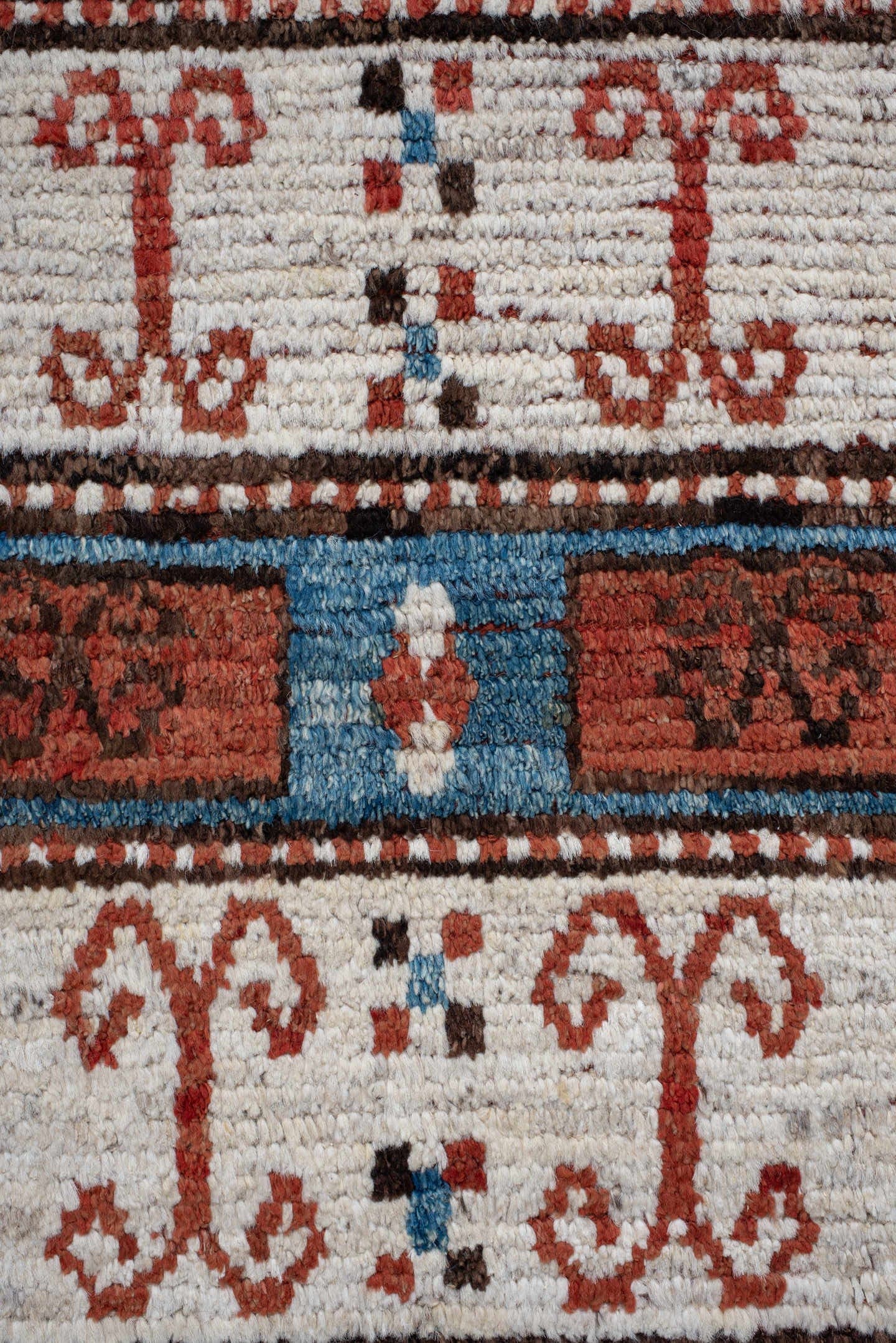 7' x 9' one-of-a-kind handmade vintage Tulu large size rug. Color palette: sky blue, rust, ivory, dark brown, brick, black
