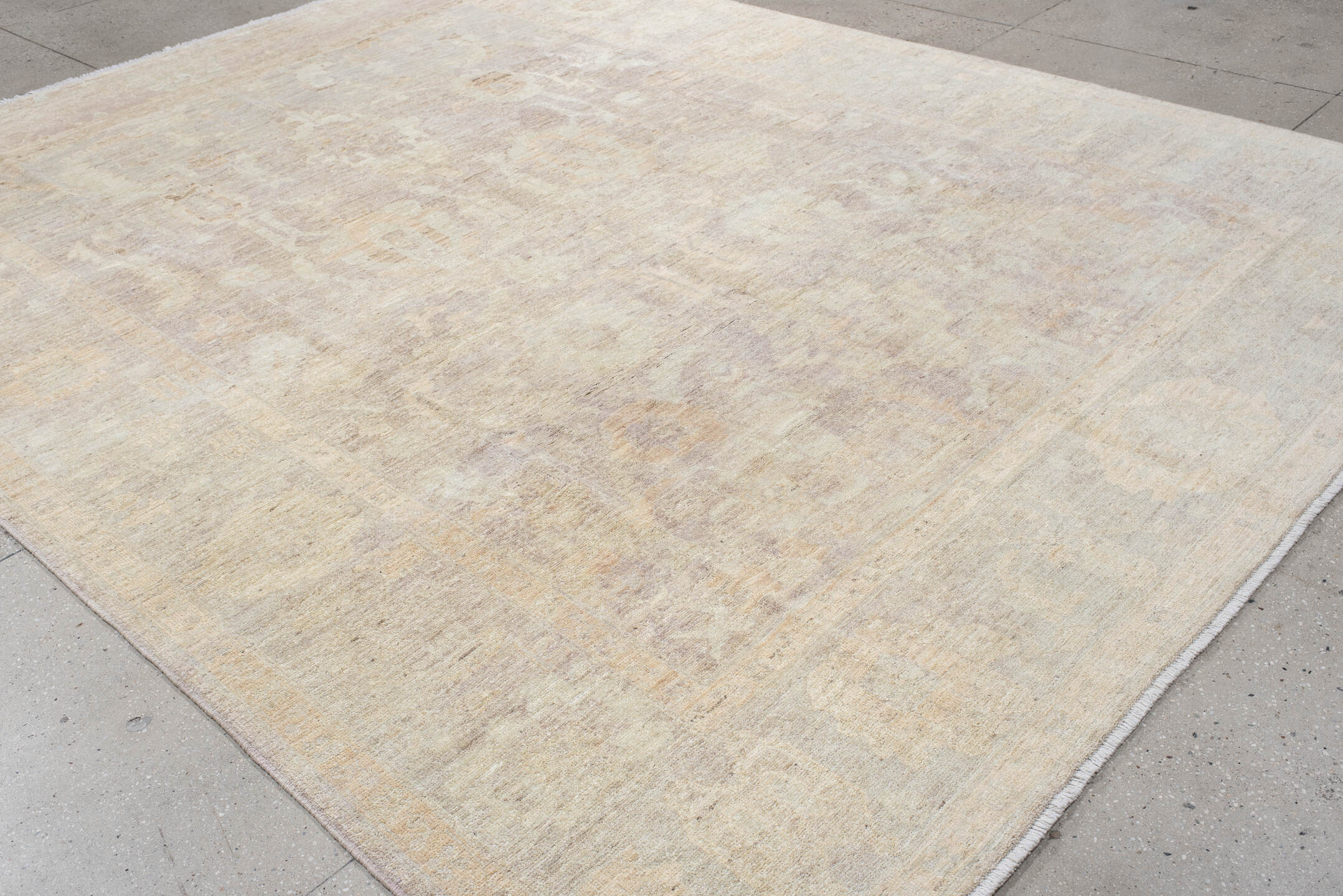 9' x 12' one-of-a-kind handmade vintage Oushak large size rug. Color palette: brown, gray, light gray, off-white, pink