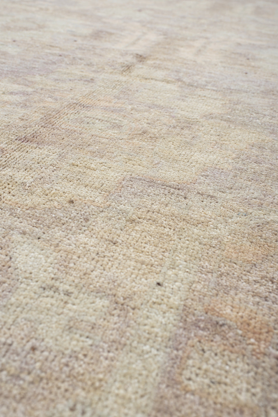 9' x 12' one-of-a-kind handmade vintage Oushak large size rug. Color palette: brown, gray, light gray, off-white, pink