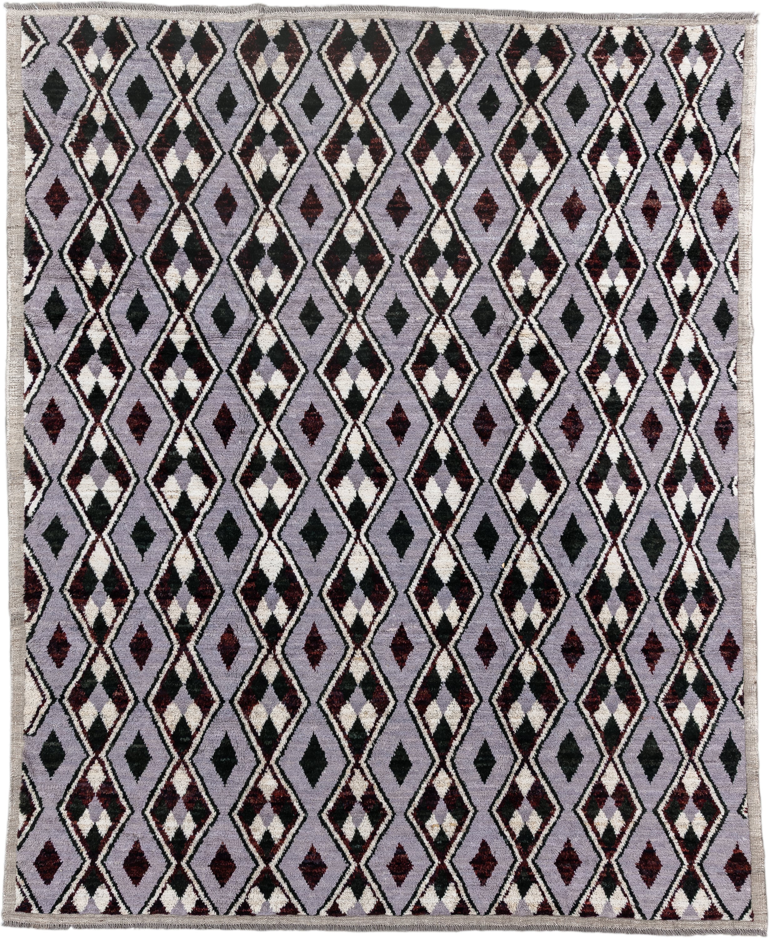 7' x 9' one-of-a-kind handmade vintage Tulu rug. Color palette: lavender, charcoal, ivory, burgundy, light gray, gray, black