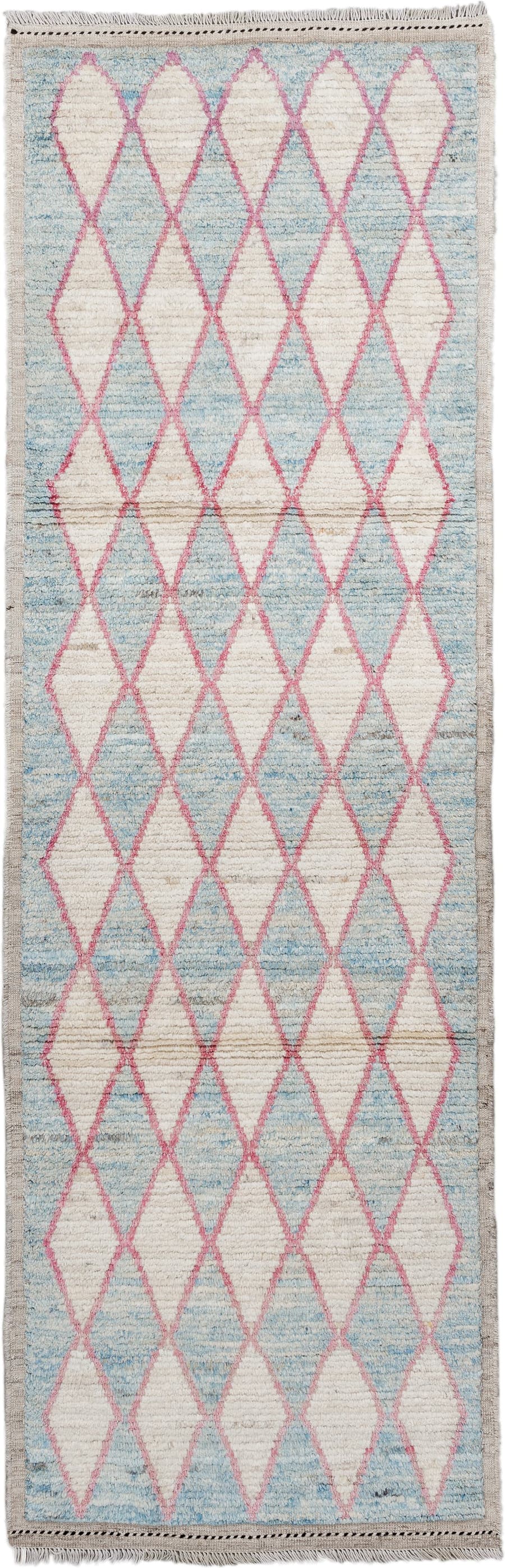 3' x 9' one-of-a-kind handmade vintage Tulu runner rug. Color palette: ivory, sky blue, pink, taupe, light blue, beige, gray
