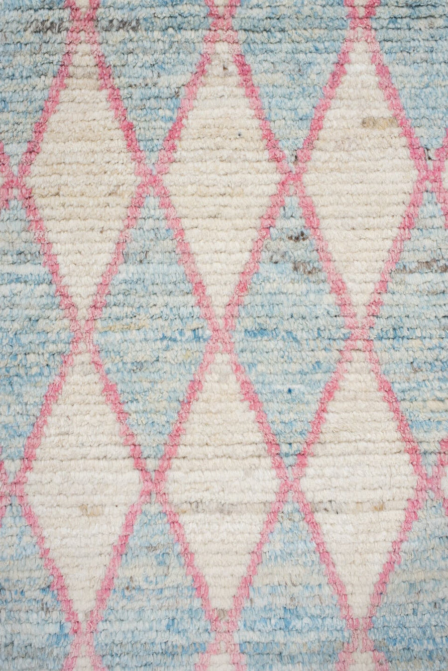 3' x 9' one-of-a-kind handmade vintage Tulu runner rug. Color palette: ivory, sky blue, pink, taupe, light blue, beige, gray