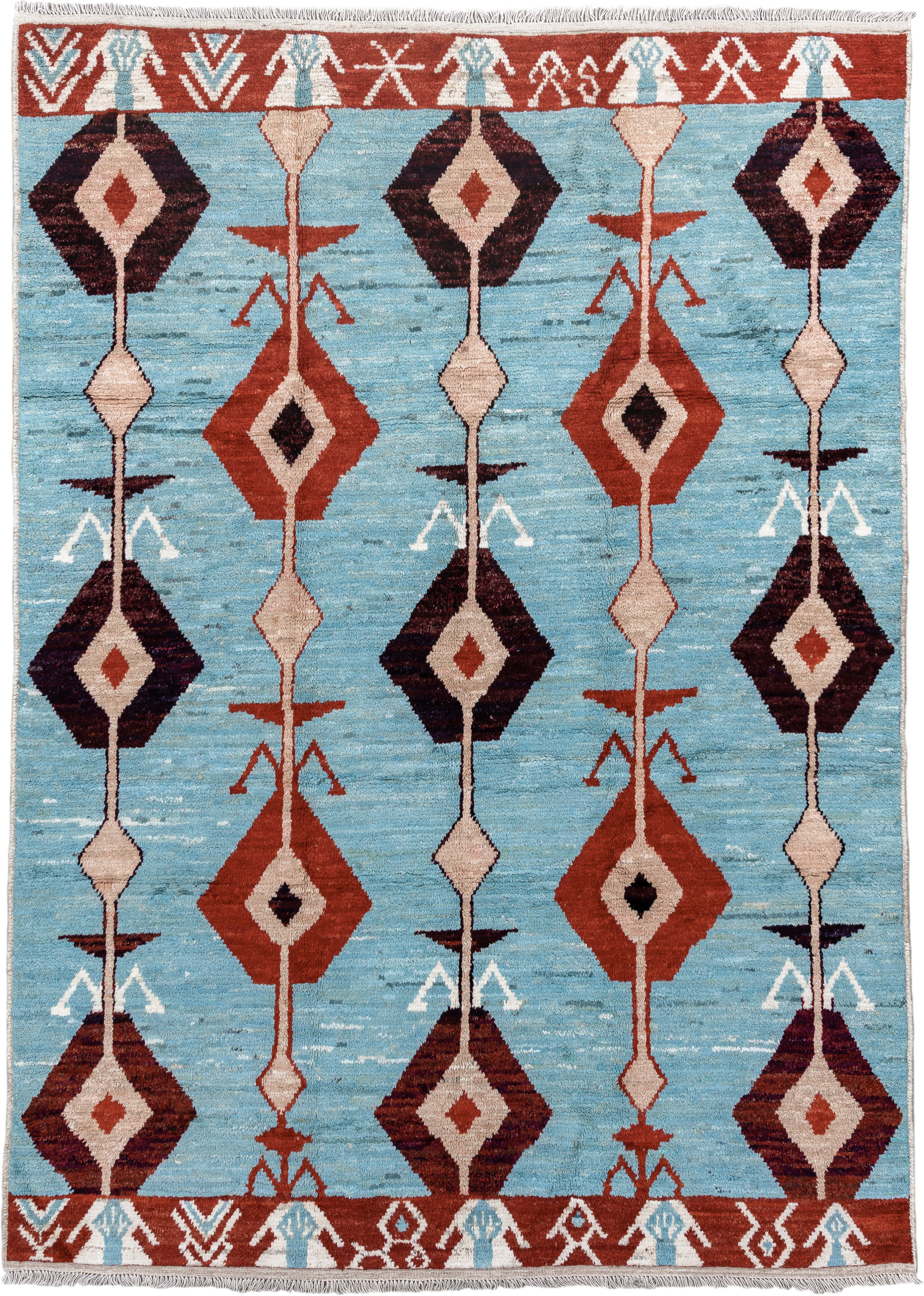 6' x 9' one-of-a-kind handmade vintage Tulu medium size rug. Color palette: sky blue, rust, ivory, plum, cream, terra cotta