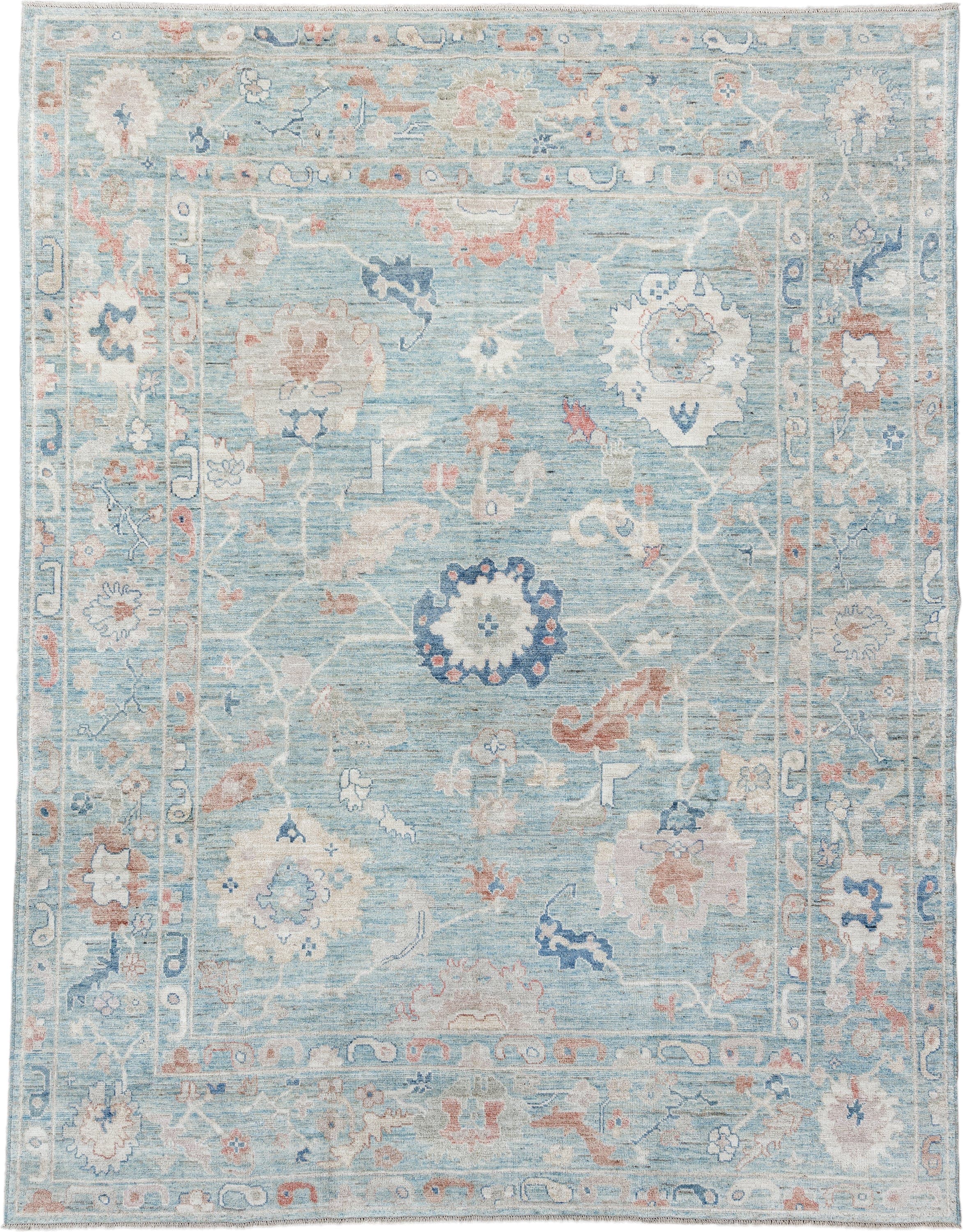 9' x 11' one-of-a-kind handmade vintage Oushak large size rug. Color palette: sky blue, ivory, blush, navy, rust, taupe