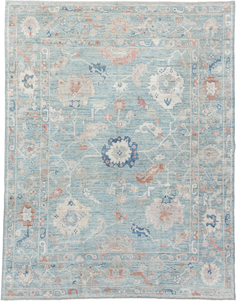 9' x 11' one-of-a-kind handmade vintage Oushak large size rug. Color palette: sky blue, ivory, blush, navy, rust, taupe