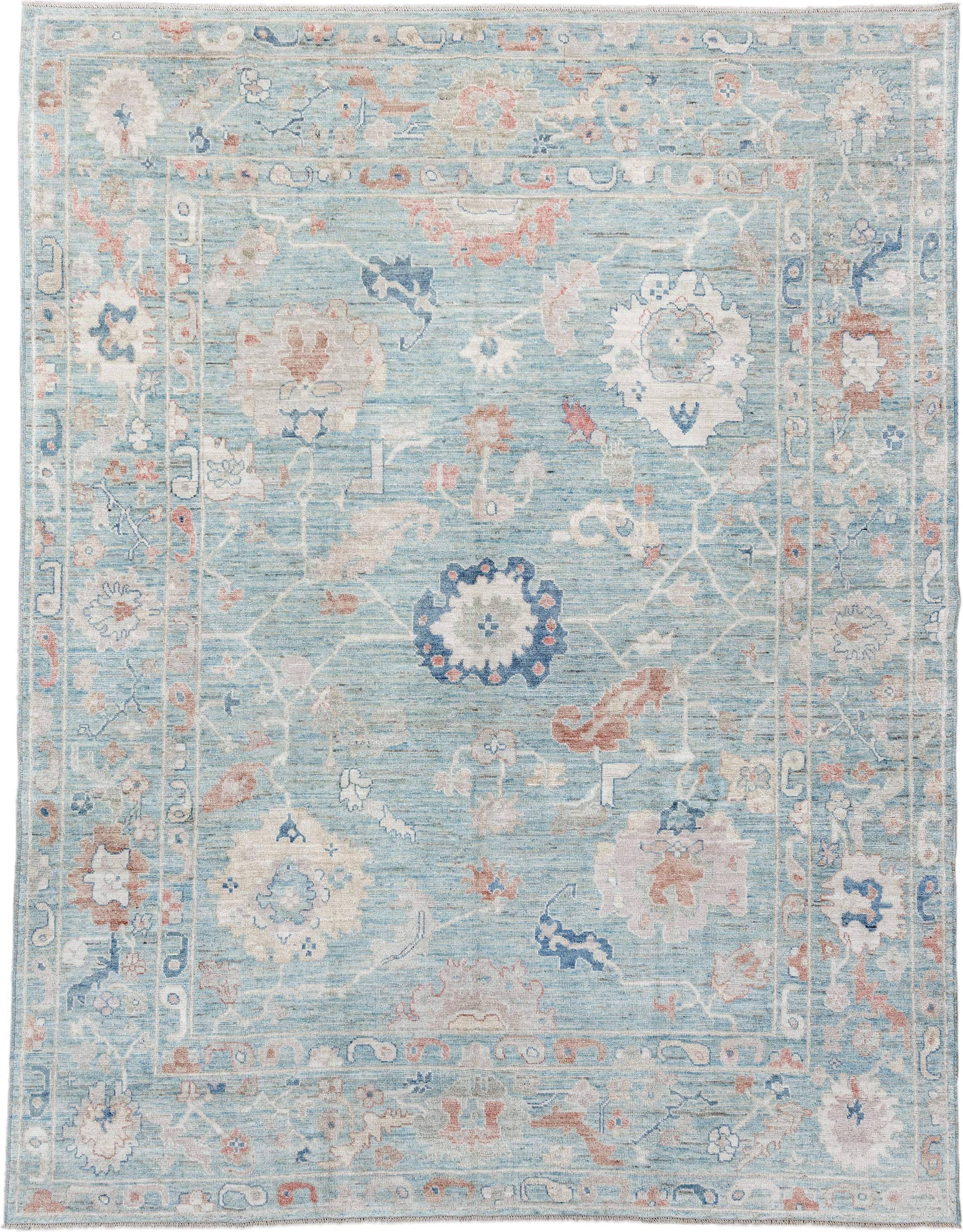 9' x 11' one-of-a-kind handmade vintage Oushak large size rug. Color palette: sky blue, ivory, blush, navy, rust, taupe