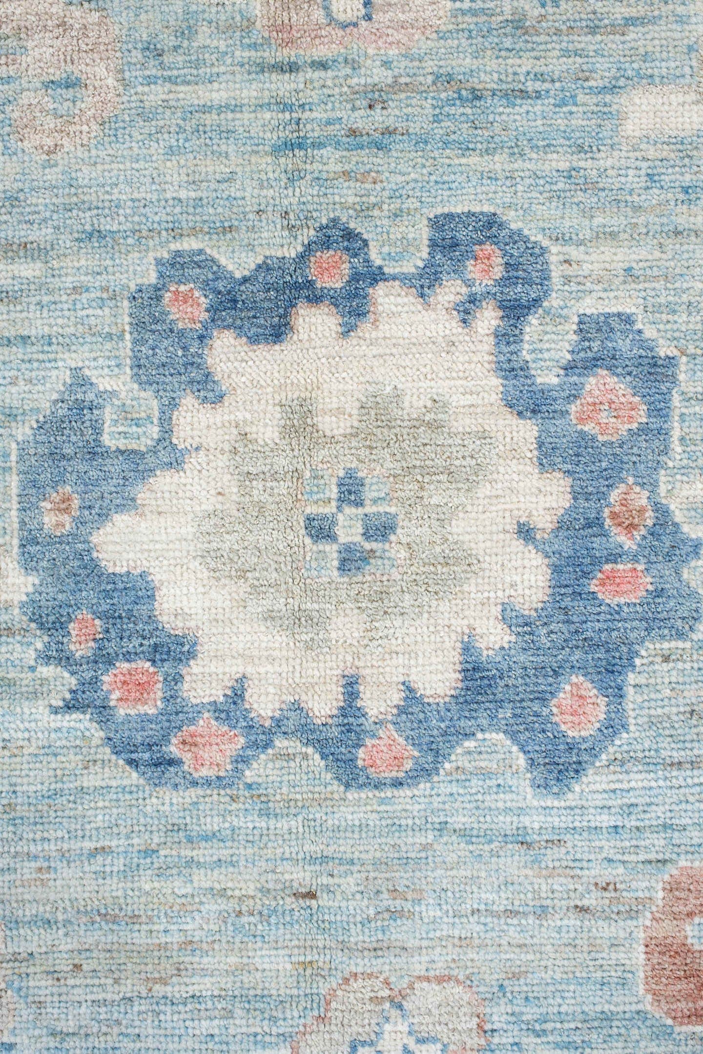9' x 11' one-of-a-kind handmade vintage Oushak large size rug. Color palette: sky blue, ivory, blush, navy, rust, taupe
