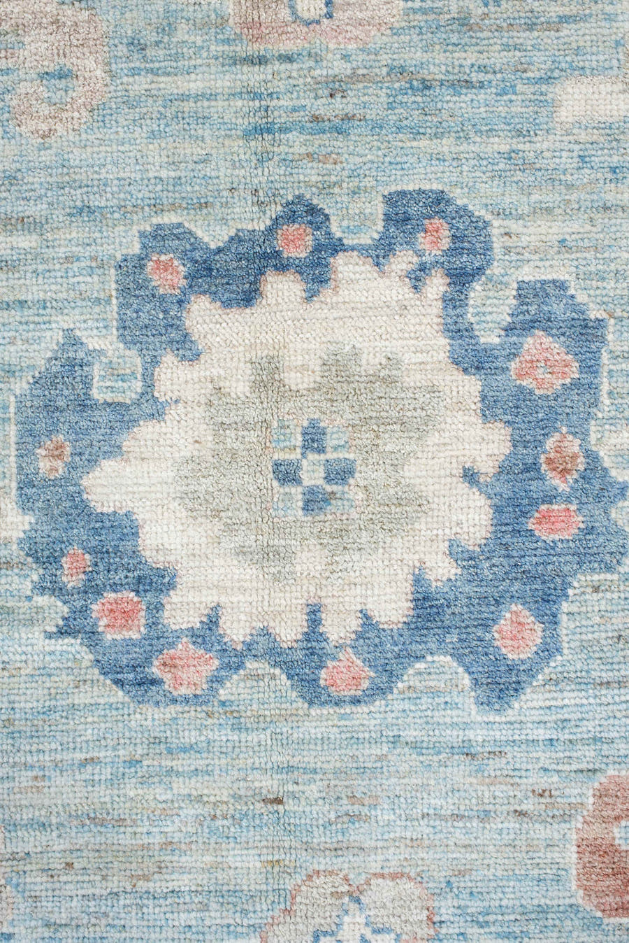 9' x 11' one-of-a-kind handmade vintage Oushak large size rug. Color palette: sky blue, ivory, blush, navy, rust, taupe