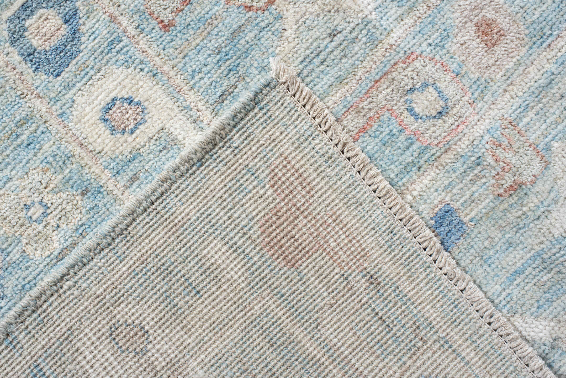 9' x 11' one-of-a-kind handmade vintage Oushak large size rug. Color palette: sky blue, ivory, blush, navy, rust, taupe