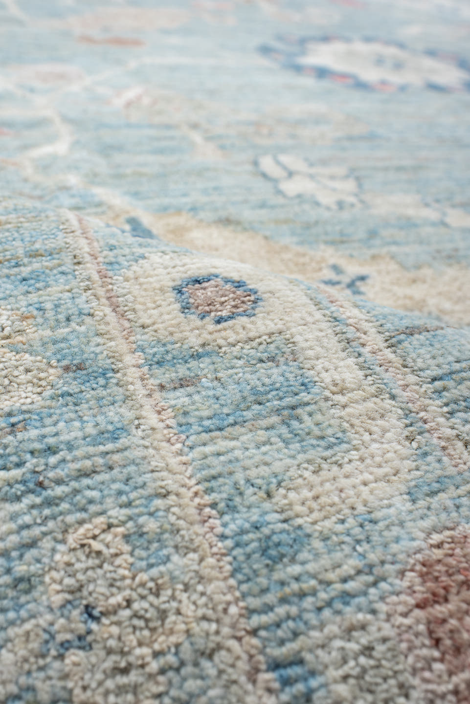 9' x 11' one-of-a-kind handmade vintage Oushak large size rug. Color palette: sky blue, ivory, blush, navy, rust, taupe