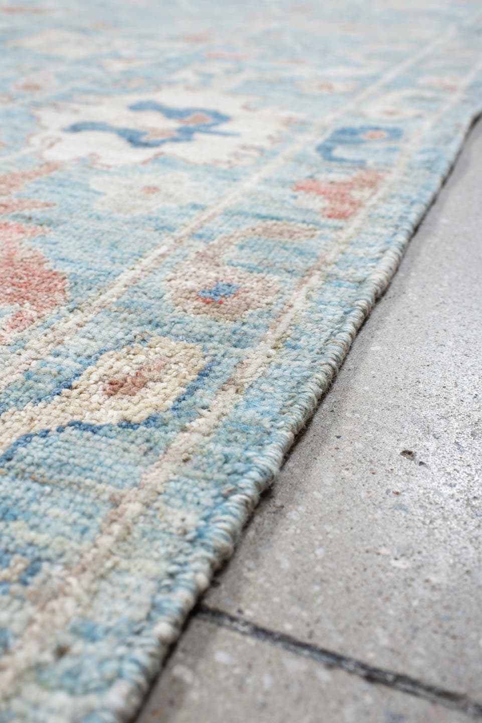 9' x 11' one-of-a-kind handmade vintage Oushak large size rug. Color palette: sky blue, ivory, blush, navy, rust, taupe