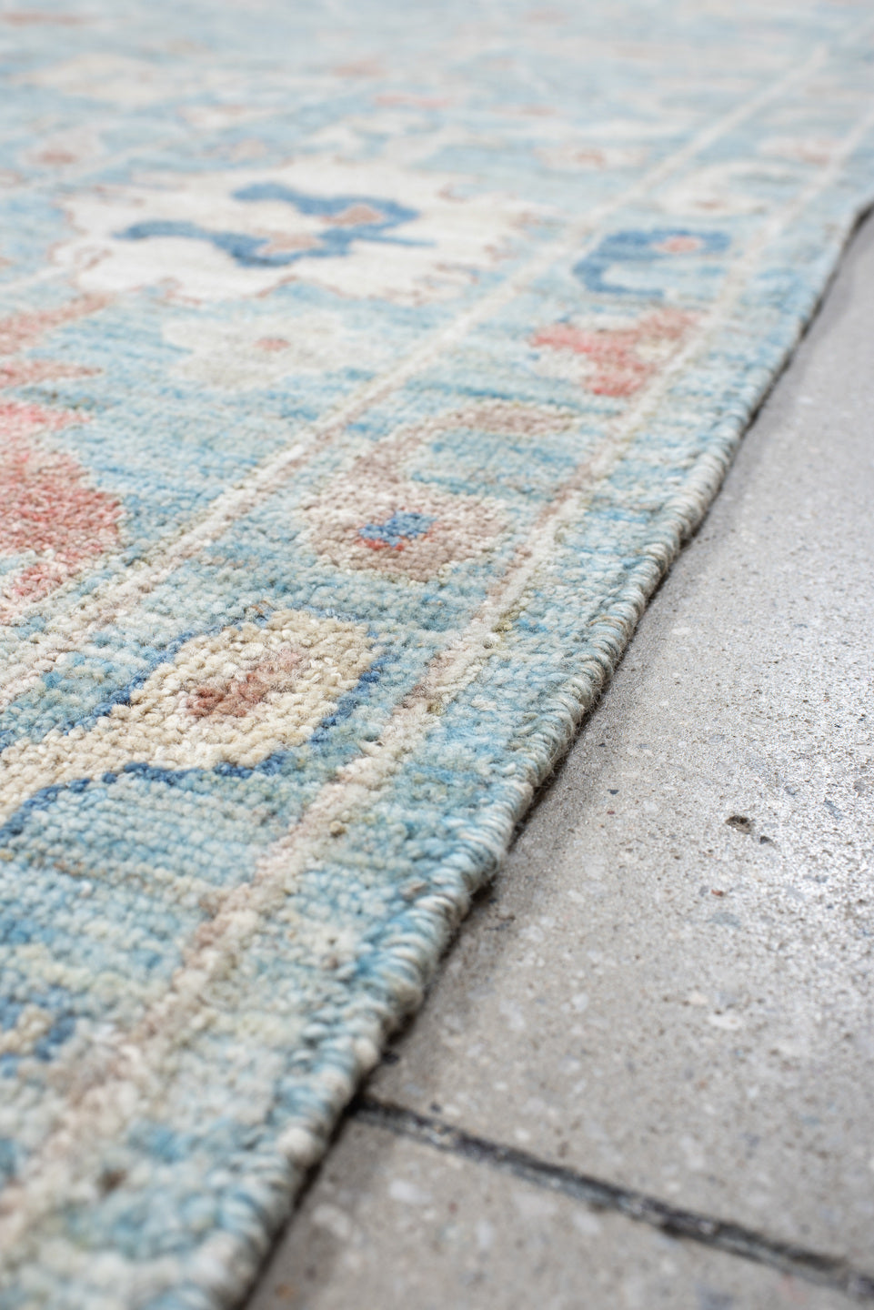 9' x 11' one-of-a-kind handmade vintage Oushak large size rug. Color palette: sky blue, ivory, blush, navy, rust, taupe