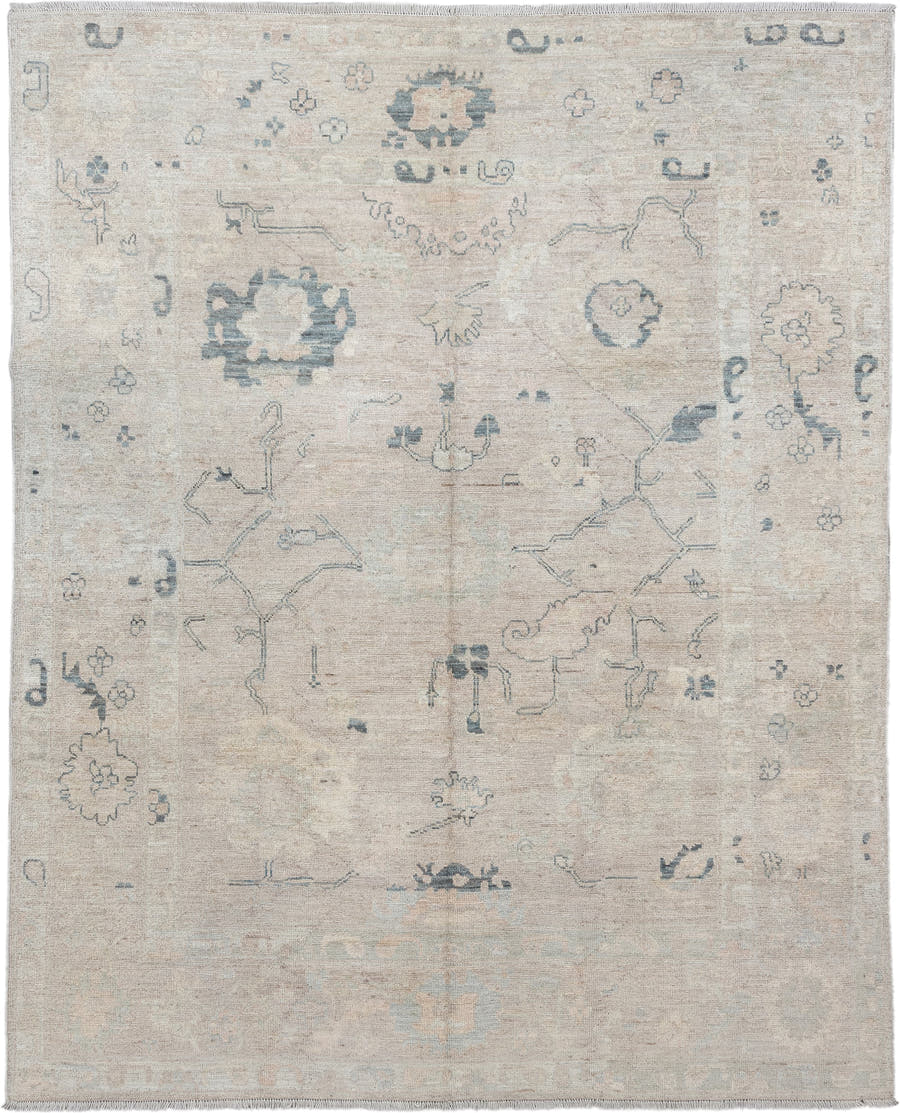 8' x 10' one-of-a-kind handmade vintage Oushak large size rug. Color palette: ivory, pale blue, taupe, beige, slate, cream