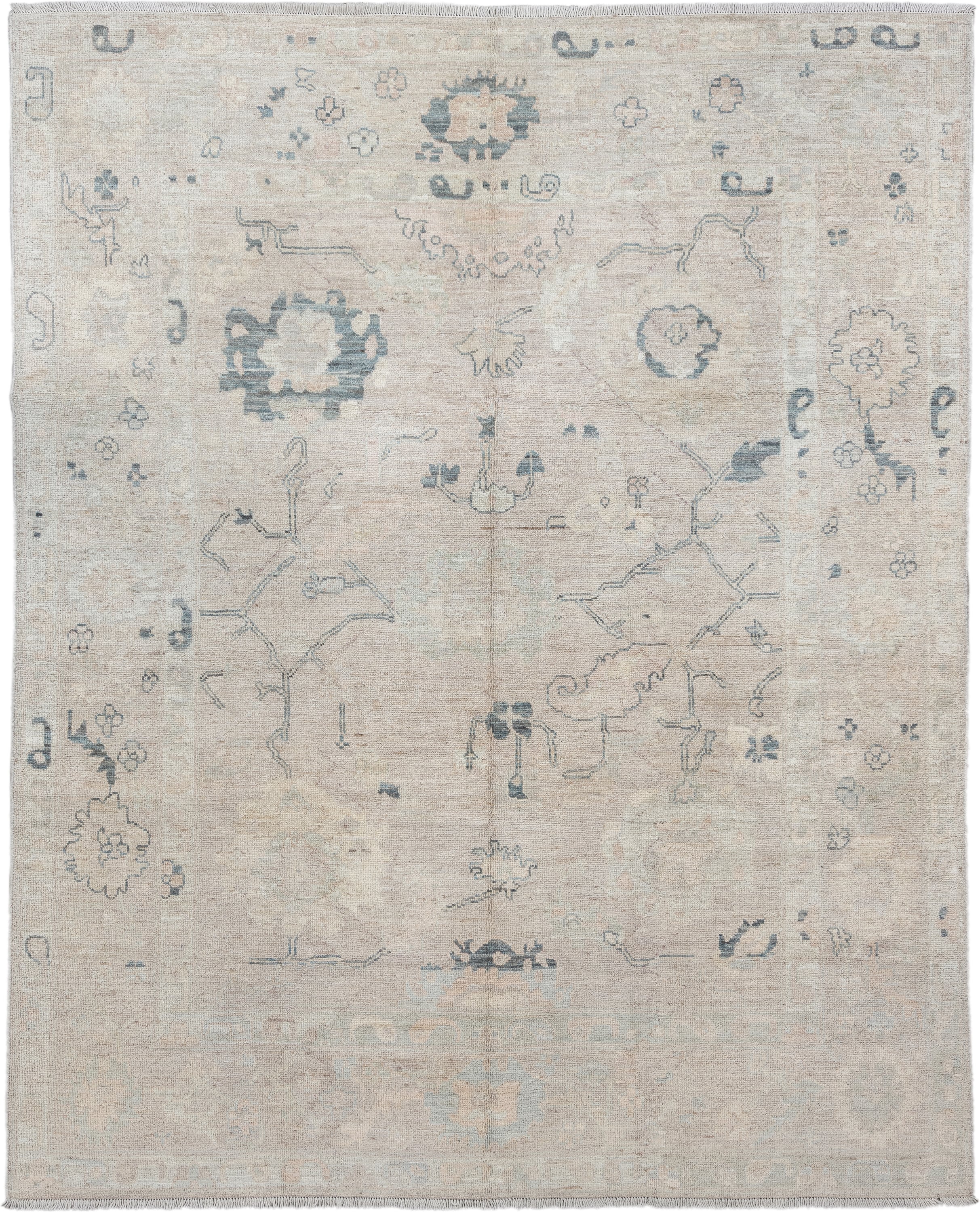 8' x 10' one-of-a-kind handmade vintage Oushak large size rug. Color palette: ivory, pale blue, taupe, beige, slate, cream