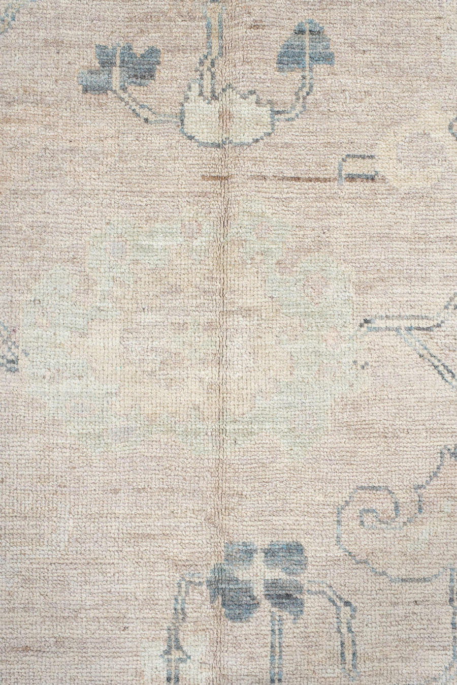 8' x 10' one-of-a-kind handmade vintage Oushak large size rug. Color palette: ivory, pale blue, taupe, beige, slate, cream