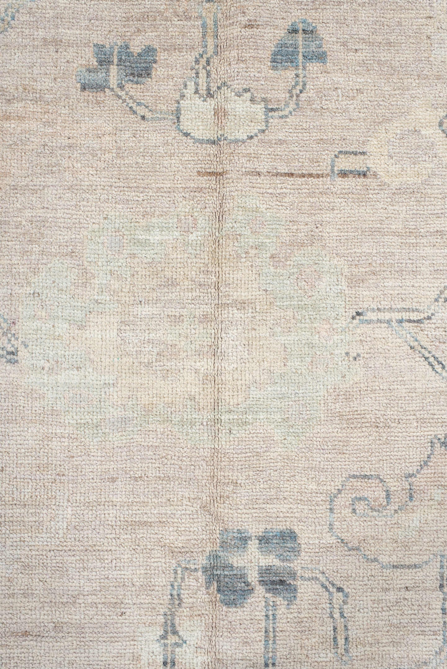 8' x 10' one-of-a-kind handmade vintage Oushak large size rug. Color palette: ivory, pale blue, taupe, beige, slate, cream