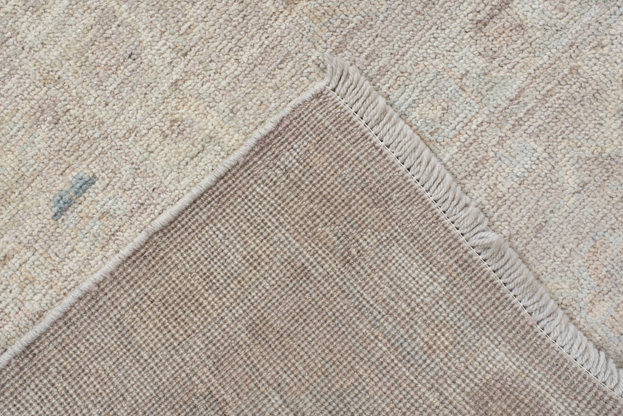 8' x 10' one-of-a-kind handmade vintage Oushak large size rug. Color palette: ivory, pale blue, taupe, beige, slate, cream