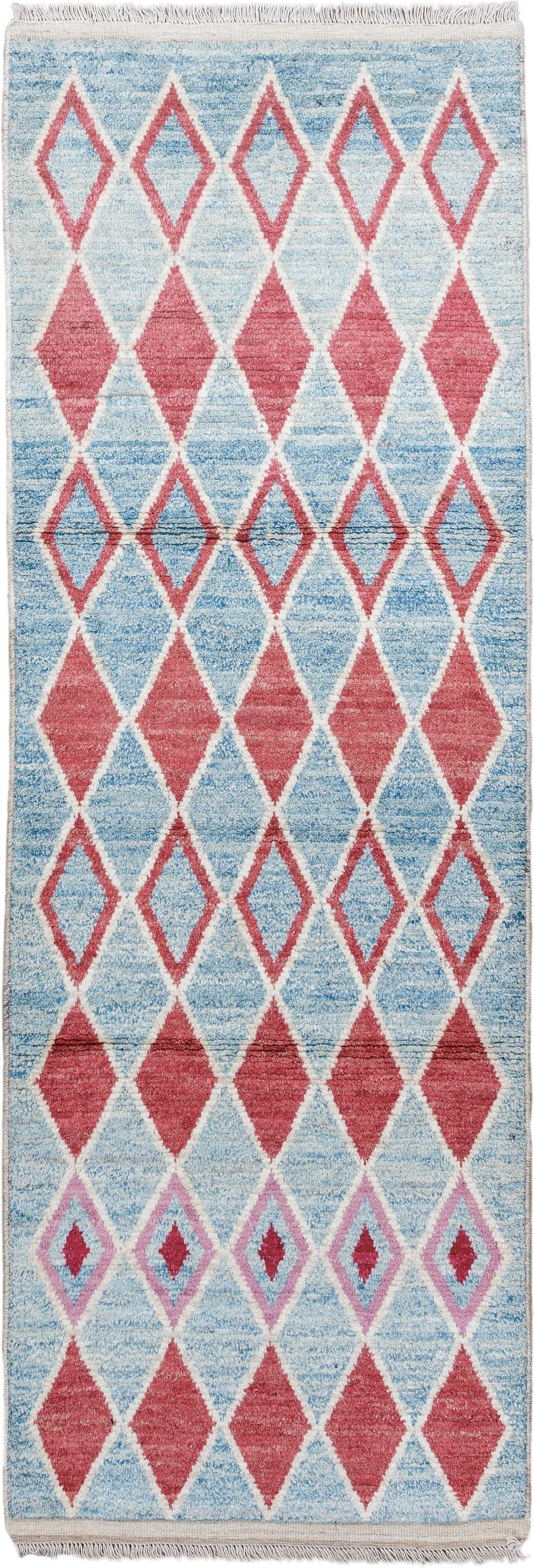 3' x 9' one-of-a-kind handmade vintage Tulu runner rug. Color palette: sky blue, ivory, rose, crimson, lavender, light blue