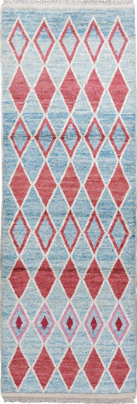 3' x 9' one-of-a-kind handmade vintage Tulu runner rug. Color palette: blue, brown, dark gray, gainsboro, gray, light blue