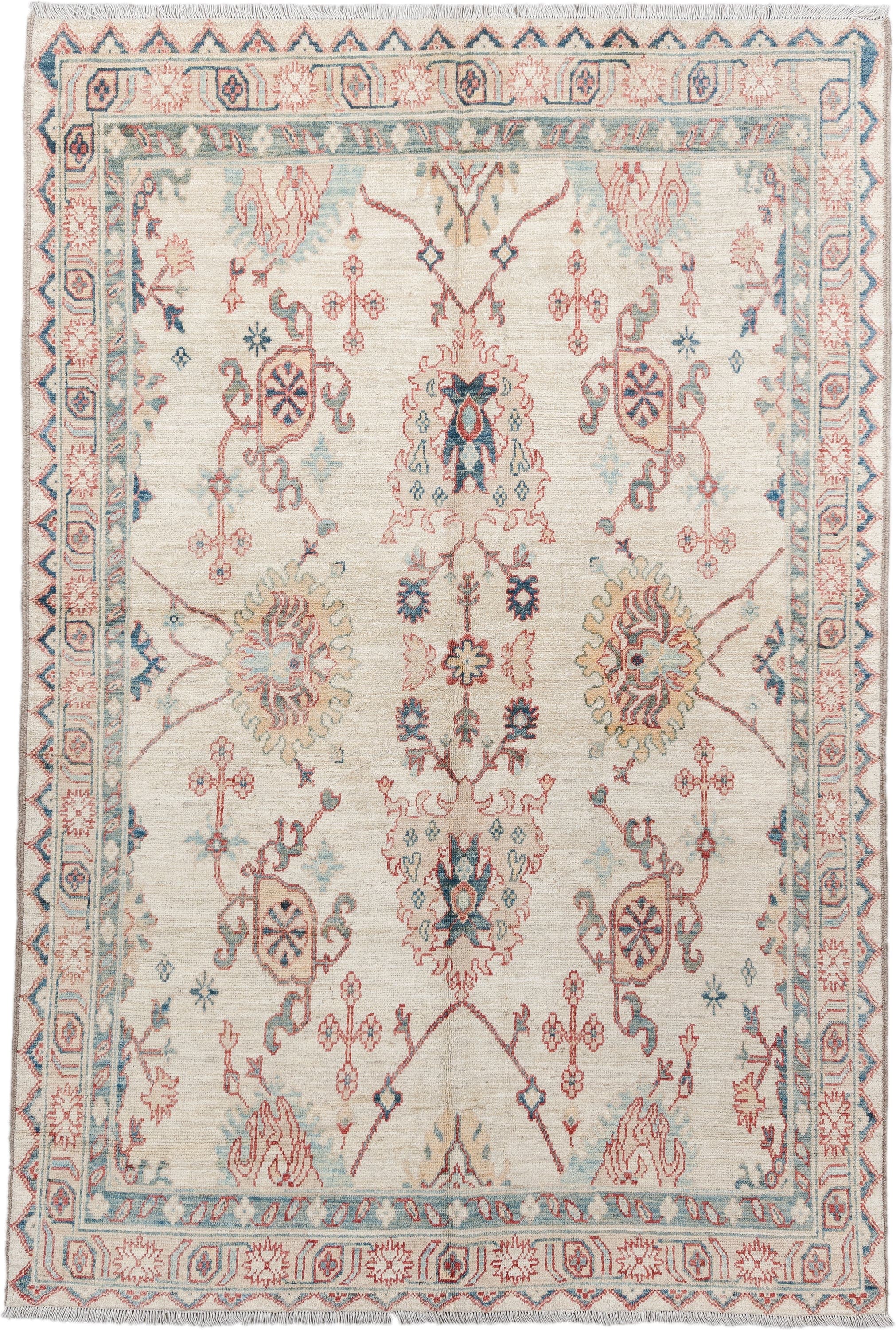 5' x 8' one-of-a-kind handmade vintage Oushak medium size rug. Color palette: ivory, sky blue, coral, pale gold, taupe