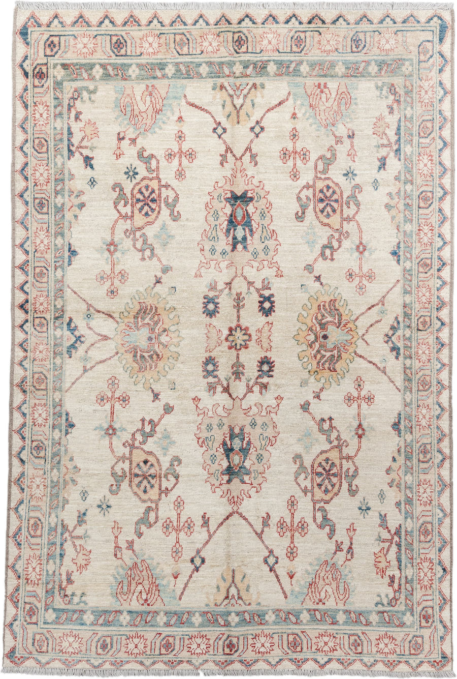 5' x 8' one-of-a-kind handmade vintage Oushak medium size rug. Color palette: ivory, sky blue, coral, pale gold, taupe