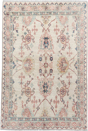 5' x 8' one-of-a-kind handmade vintage Oushak medium size rug. Color palette: ivory, sky blue, coral, pale gold, taupe