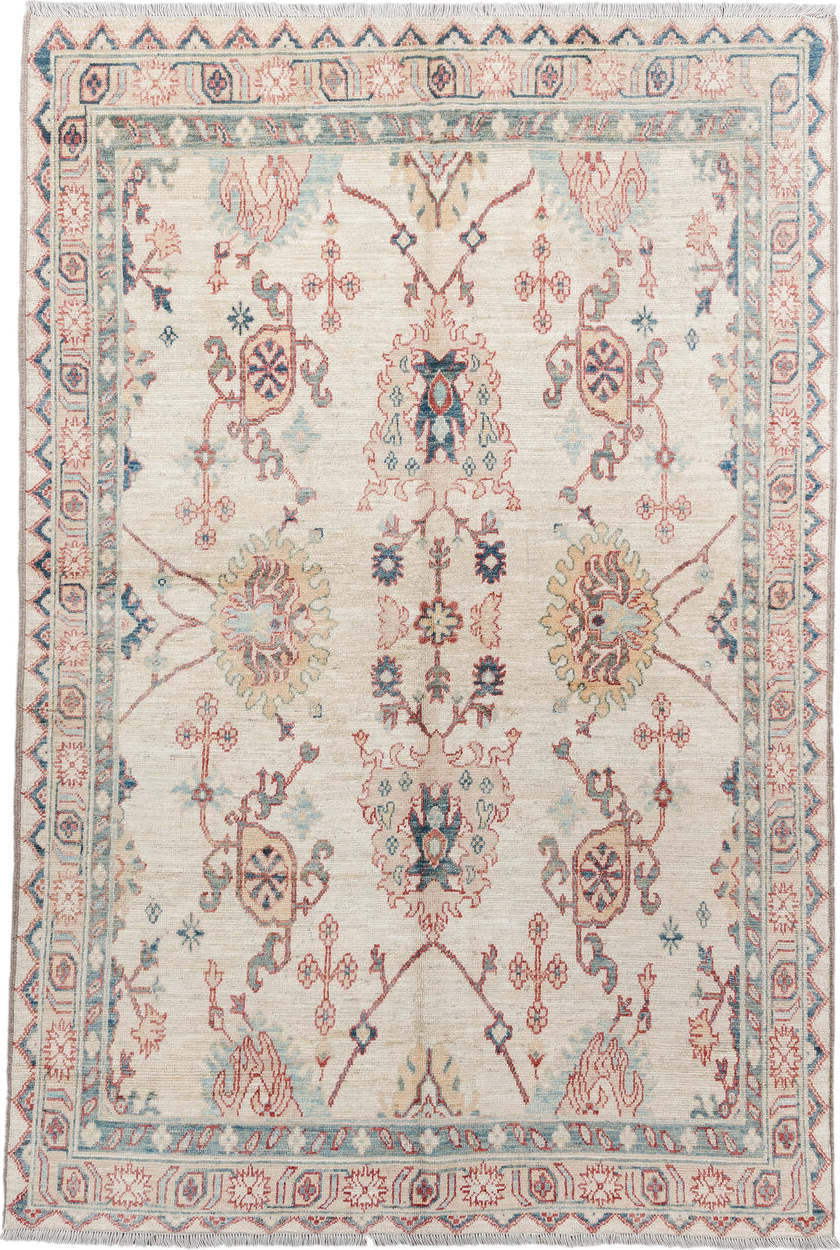 5' x 8' one-of-a-kind handmade vintage Oushak medium size rug. Color palette: brown, gray, light gray, off-white, pink, red