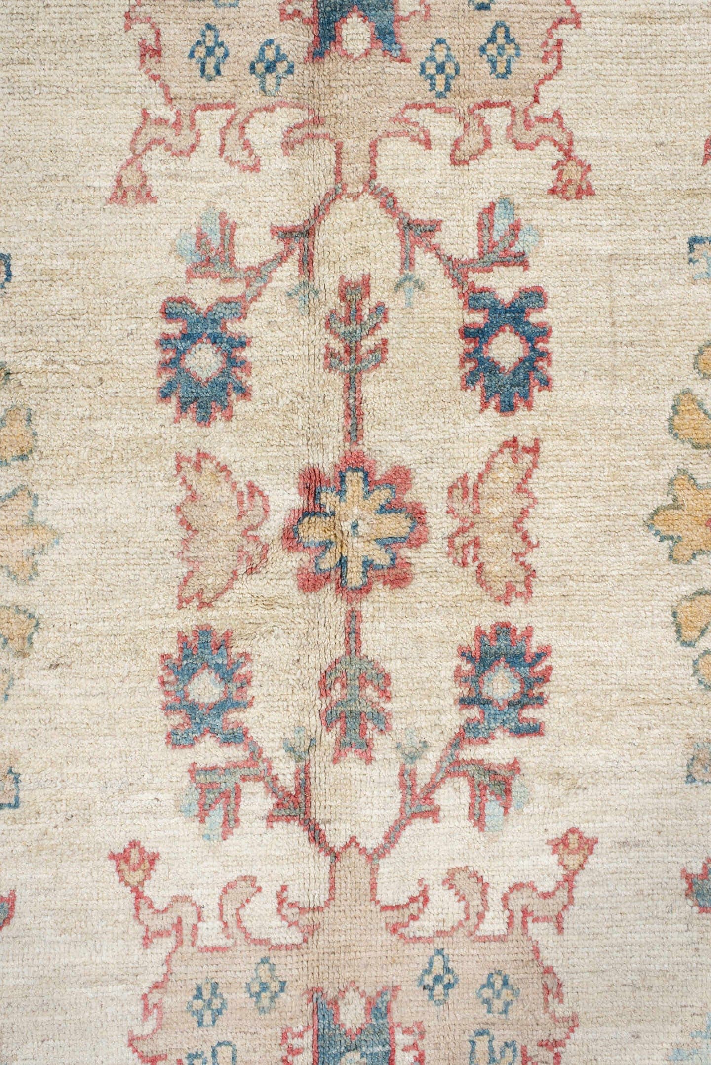5' x 8' one-of-a-kind handmade vintage Oushak medium size rug. Color palette: ivory, sky blue, coral, pale gold, taupe