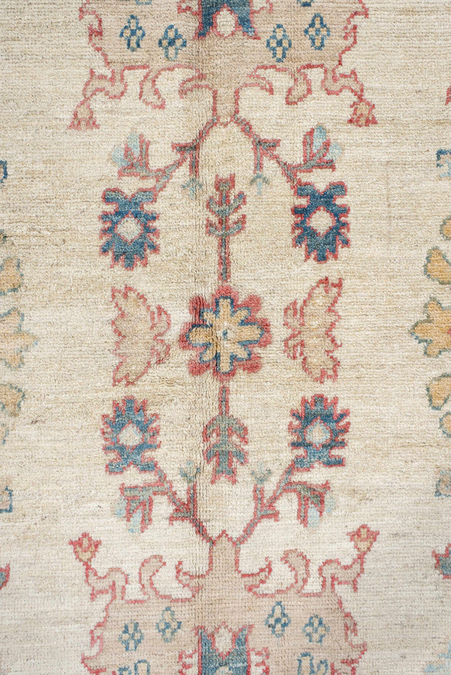 5' x 8' one-of-a-kind handmade vintage Oushak medium size rug. Color palette: ivory, sky blue, coral, pale gold, taupe