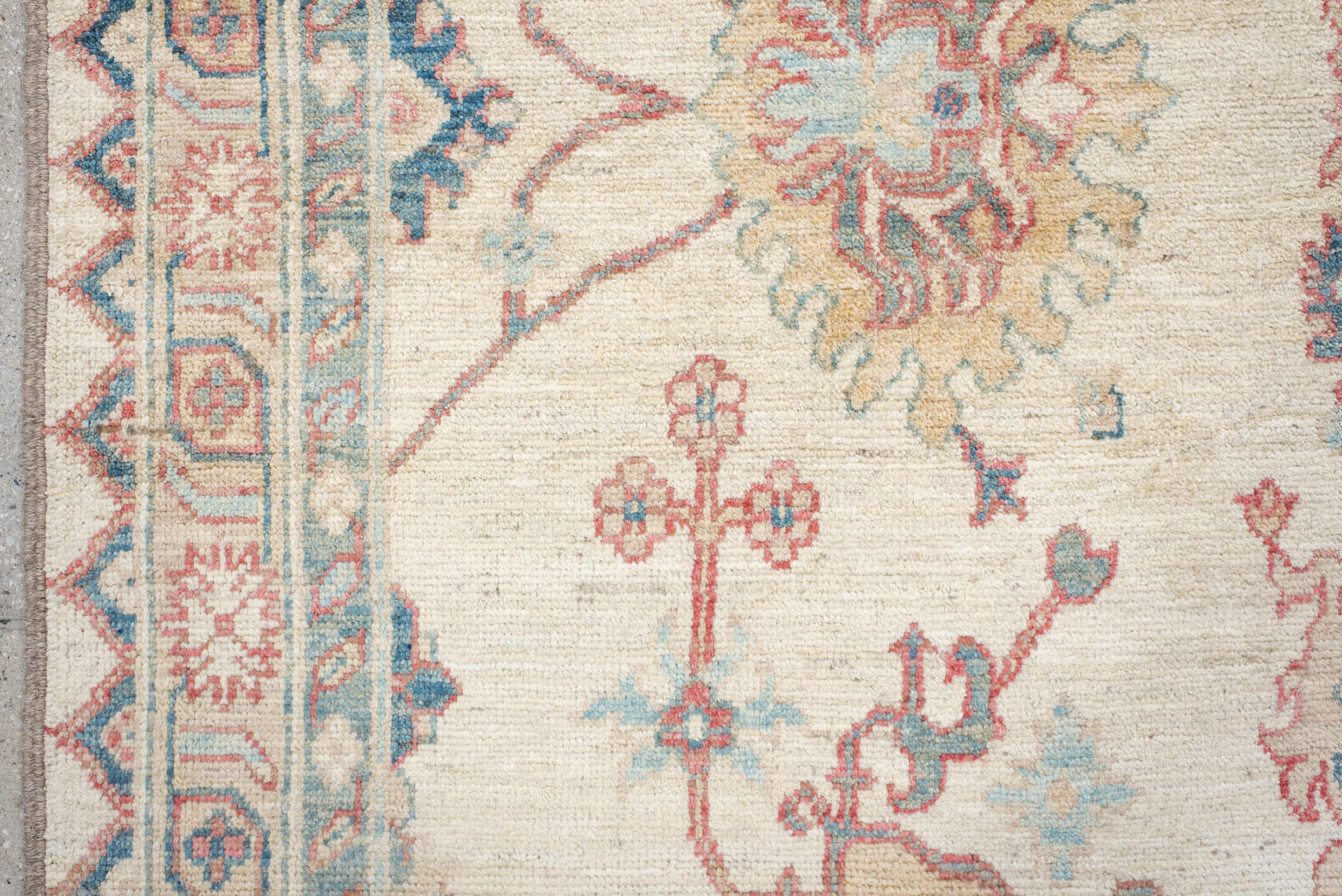 5' x 8' one-of-a-kind handmade vintage Oushak medium size rug. Color palette: ivory, sky blue, coral, pale gold, taupe