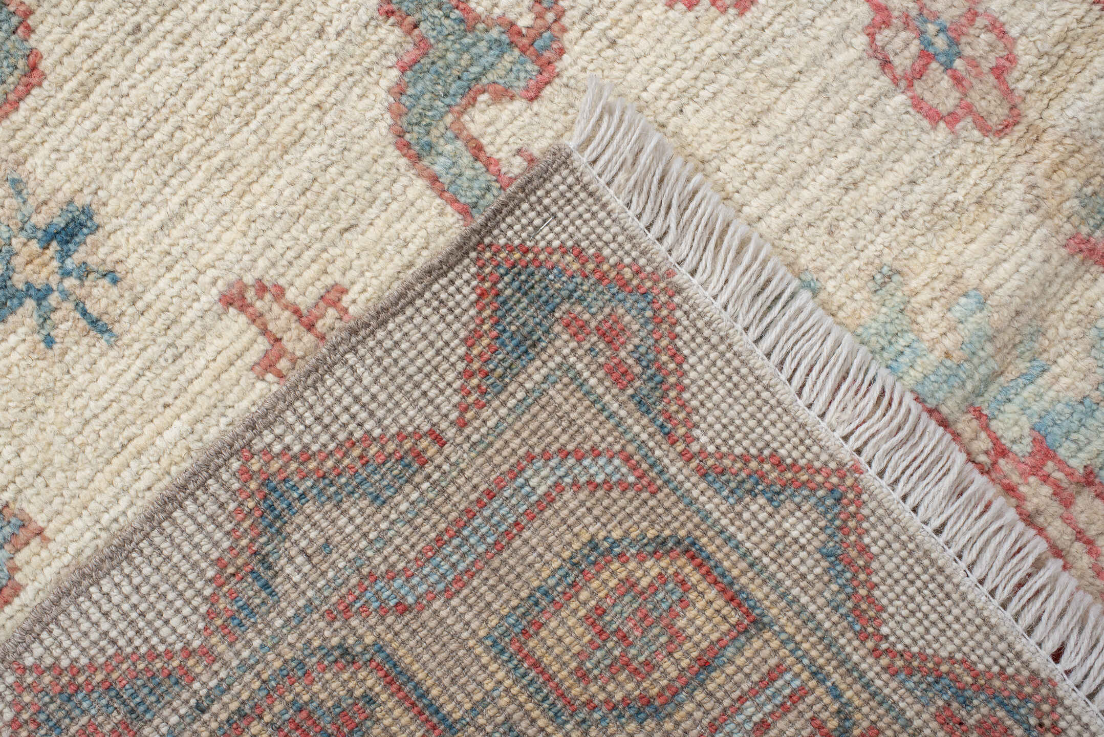 5' x 8' one-of-a-kind handmade vintage Oushak medium size rug. Color palette: ivory, sky blue, coral, pale gold, taupe