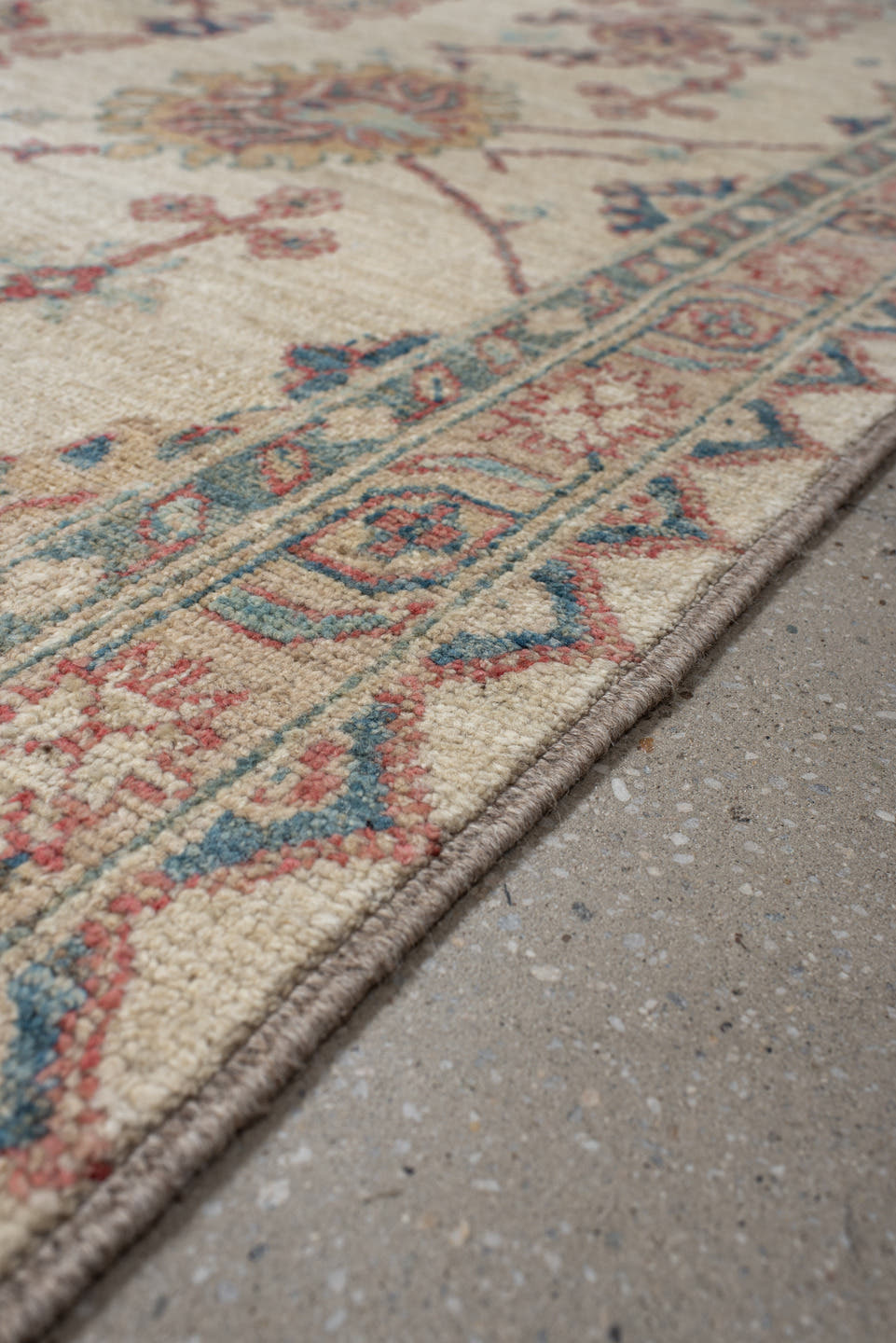 5' x 8' one-of-a-kind handmade vintage Oushak medium size rug. Color palette: ivory, sky blue, coral, pale gold, taupe
