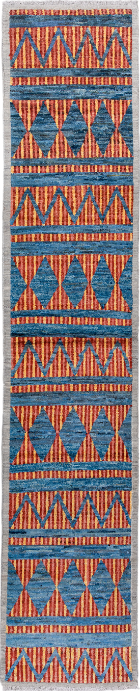 3' x 16' one-of-a-kind handmade vintage Tulu runner rug. Color palette: blue, rust, gold, ivory, orange, terracotta, brown