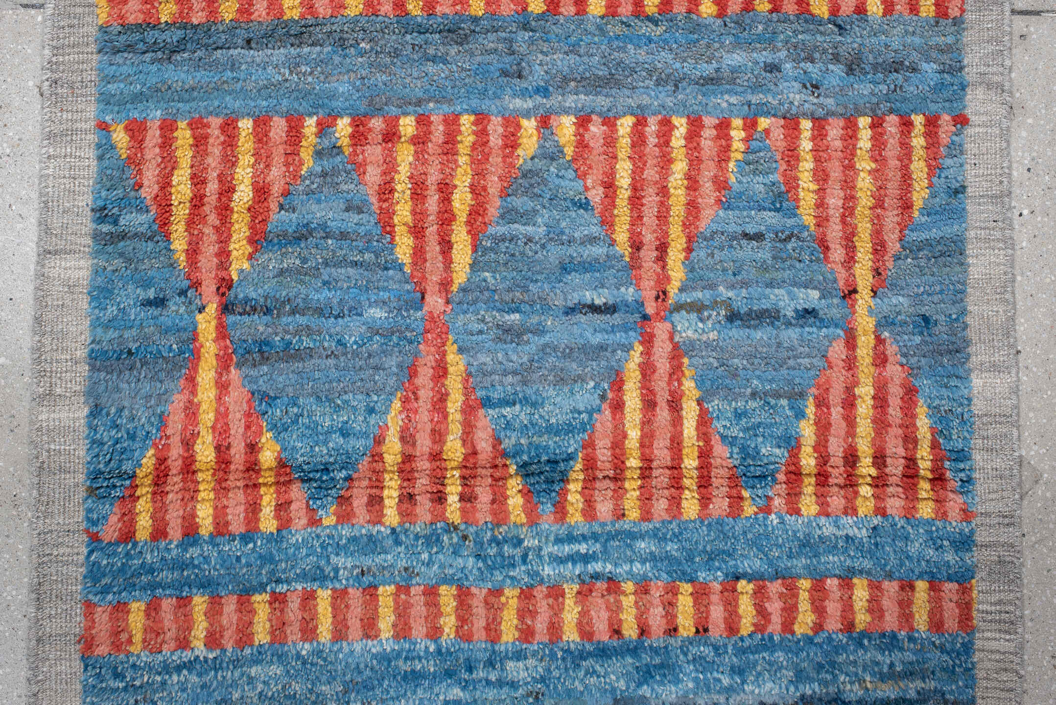 3' x 16' one-of-a-kind handmade vintage Tulu runner rug. Color palette: arapawa, blue, brown, dark gray, gray, light blue