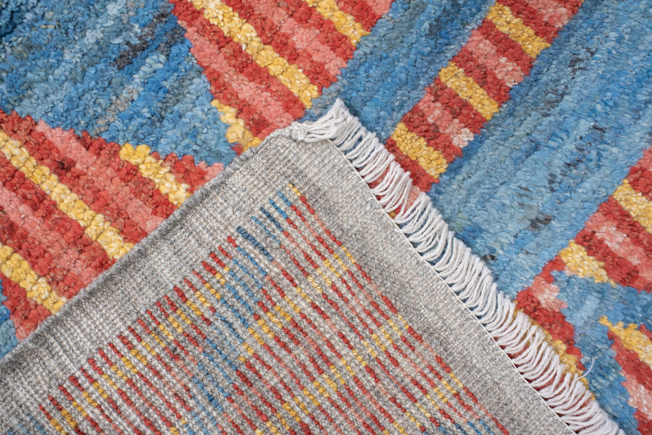 3' x 16' one-of-a-kind handmade vintage Tulu runner rug. Color palette: arapawa, blue, brown, dark gray, gray, light blue