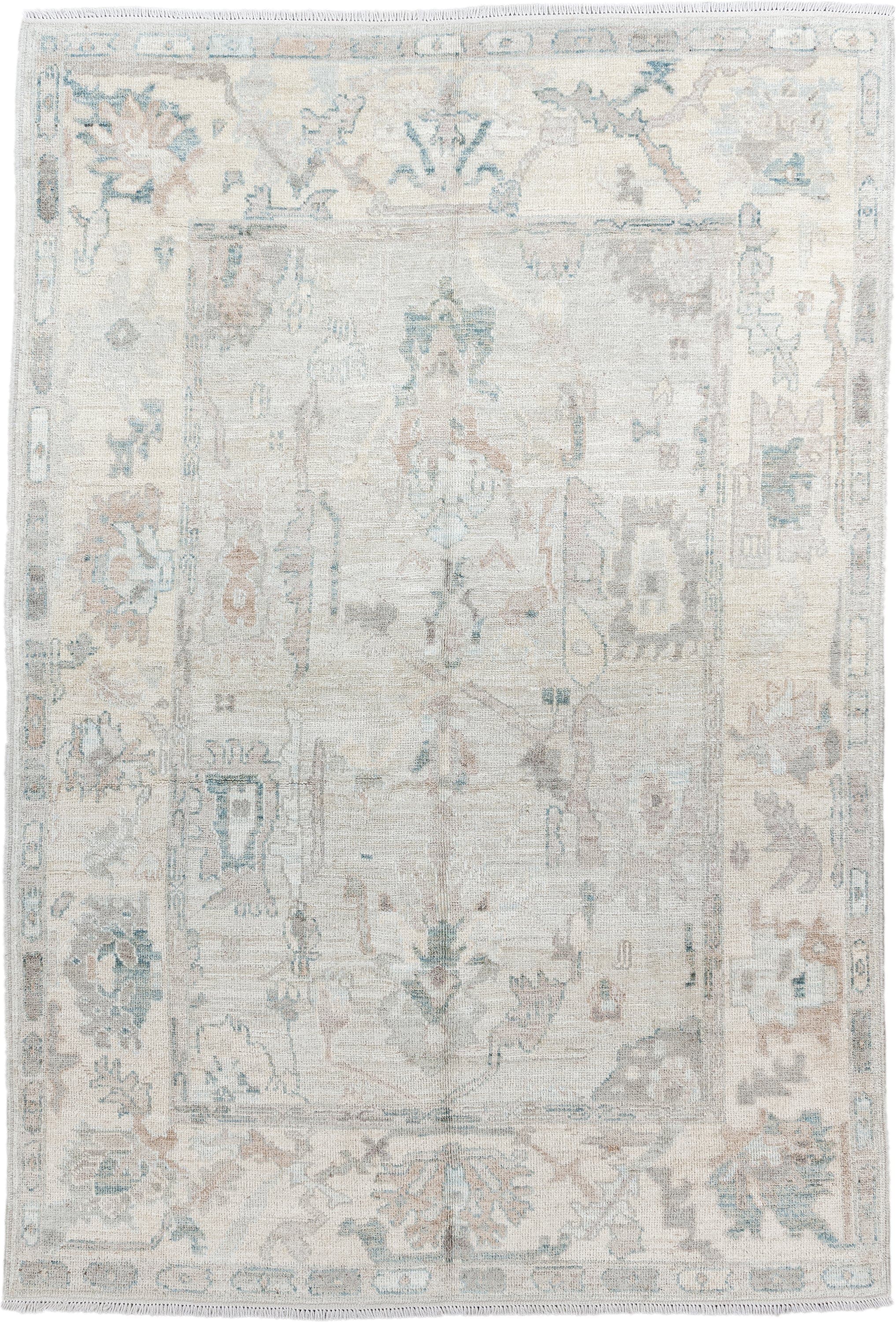 5' x 8' one-of-a-kind handmade vintage Oushak medium size rug. Color palette: ivory, pale blue, taupe, blush, light gray